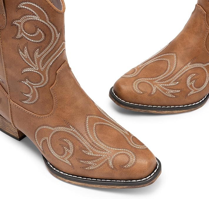 DREAM PAIRS Women's Western Ankle Boots Cowboy | Square Toe Chunky Embroidered Boots, Suitable for Music Festivals and Everyday Outfits, Fashion Booties with Zipper