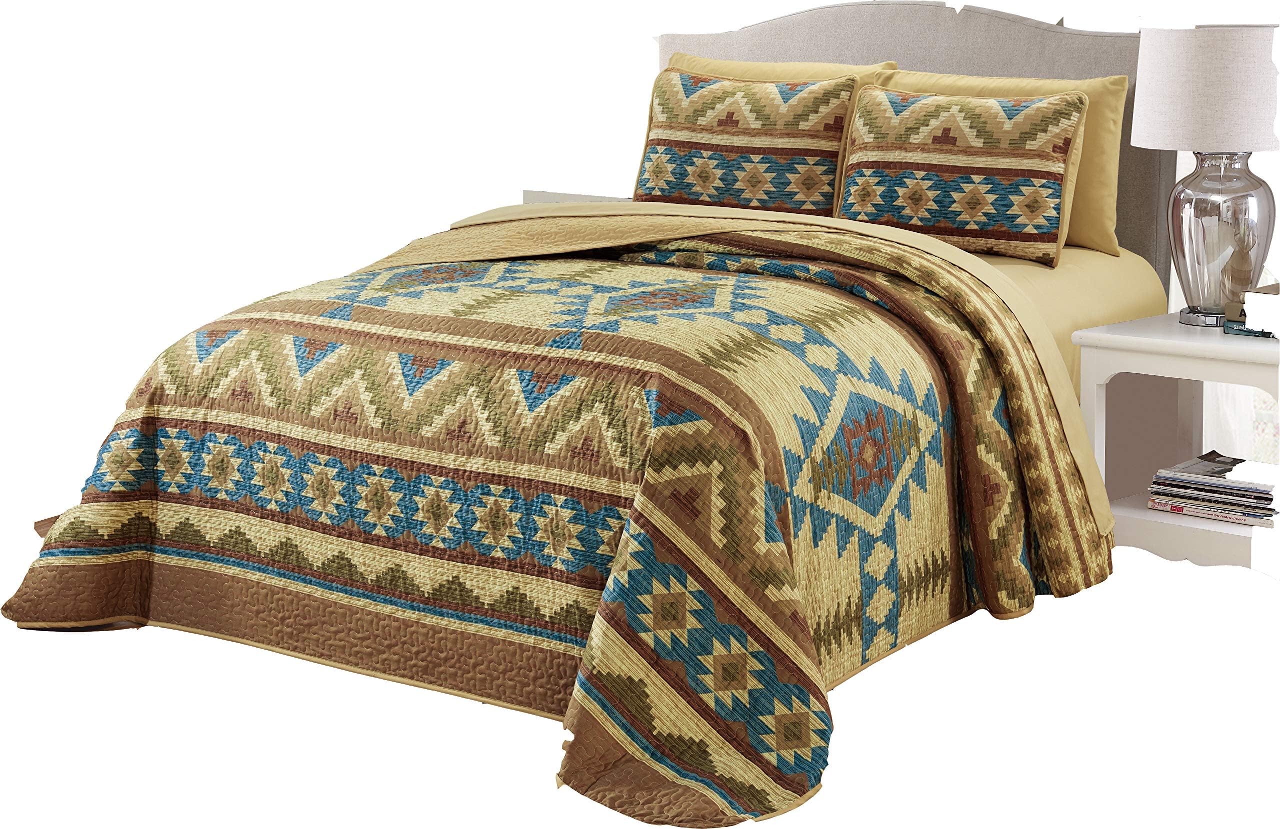 MiCasa 7 Piece Oversized Bedspread Quilt Set with Complete Sheet Set Western Southwestern Native American Tribal Navajo Design (King)