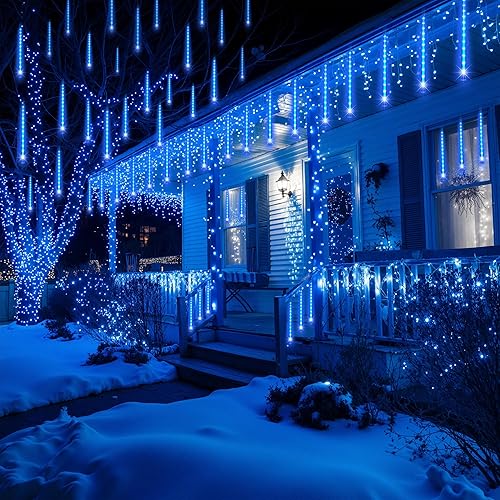 Miniatura 5 de JOYIN Luces de Navidad para exteriores, 8 tubos de luces de lluvia de meteoritos azules, 192 LED, luz de lluvia en cascada de carámbano de nieve