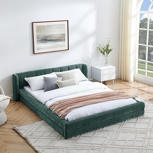 Olodumare Queen Upholstered Platform Bed Frame with Channel Tufted Wingback Headboard, Modern Chenille Floor Bed with Stripe Rails, Wooden Slat Support, No Box Spring Needed, Easy Assembly, Moss Green - Moss Green - Queen Size Wingback Version