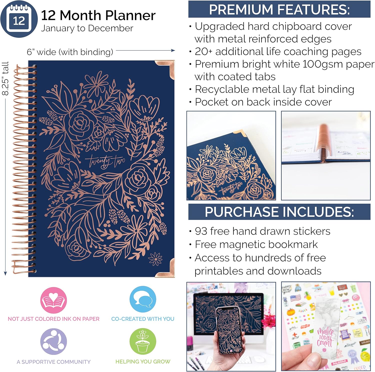 HARDCOVER bloom daily planners 2022 Calendar Year Day Planner (January 2022 - December 2022) - Passion/Goal Organizer - Monthly & Weekly Inspirational Agenda Book - 5.5" x 8.25" - Navy Embroidery : Office Products