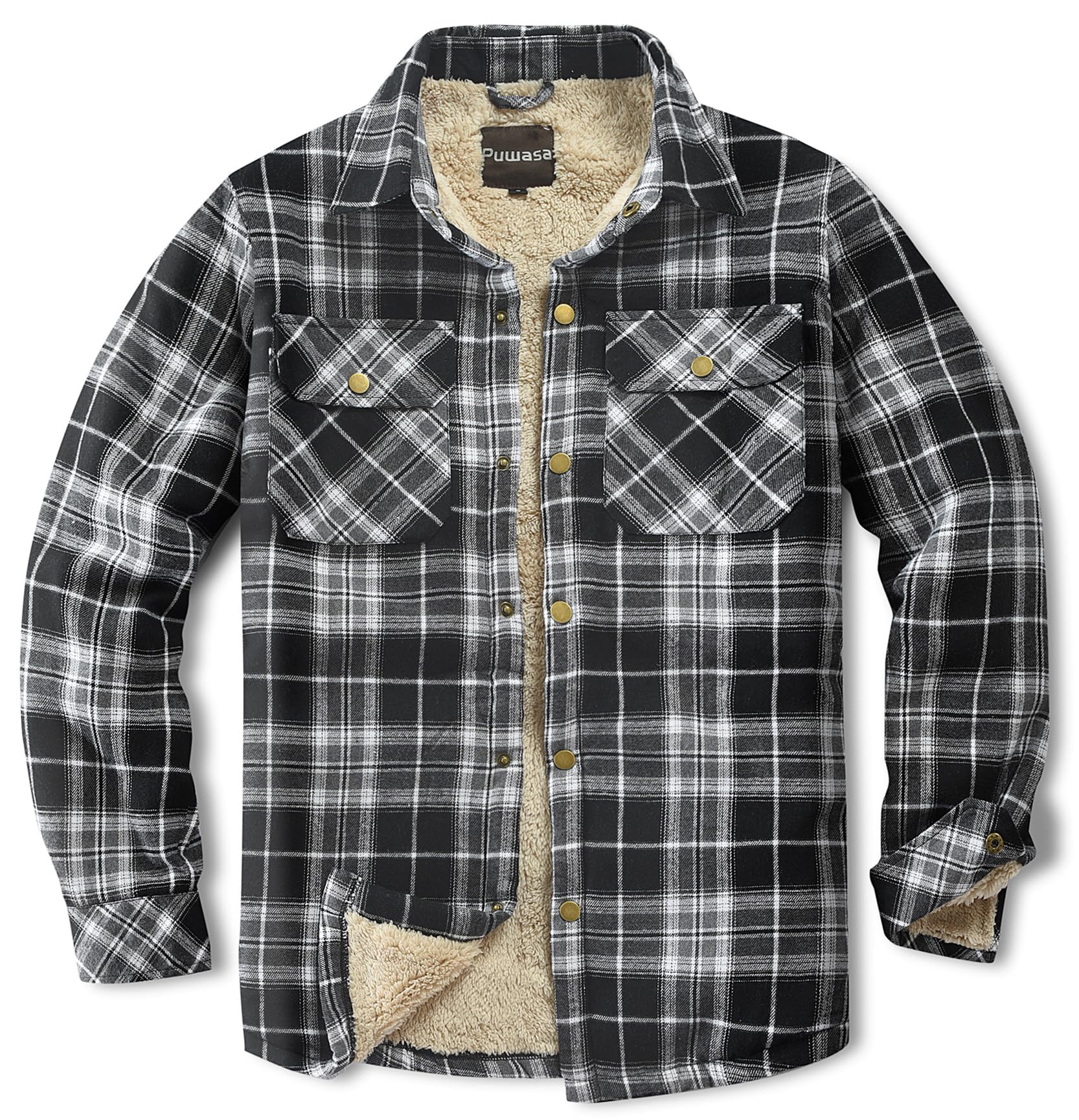 Men's Sherpa Lined Cotton Flannel Shirt Jacket Plaid Button Up Jacket Coat for Men with Pocket