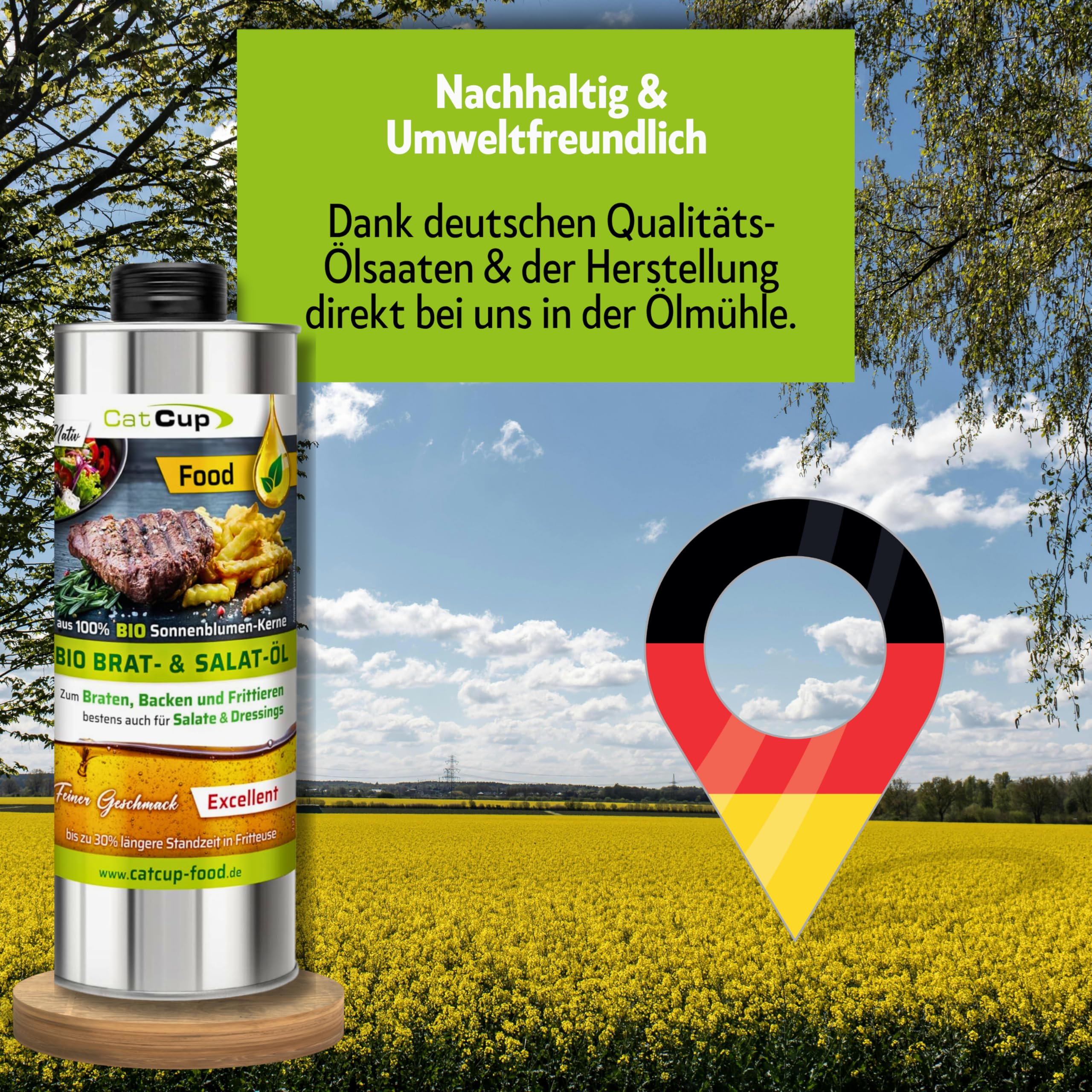 CatCup BIO Speise-, Brat- & Salatöl High Oleic EXZELLENT - Premium Sonnenblumenöl - Neutrales Bratöl & Speiseöl aus Bayern - Kaltgepresstes Öl zum Braten, Backen & Frittieren (1L)