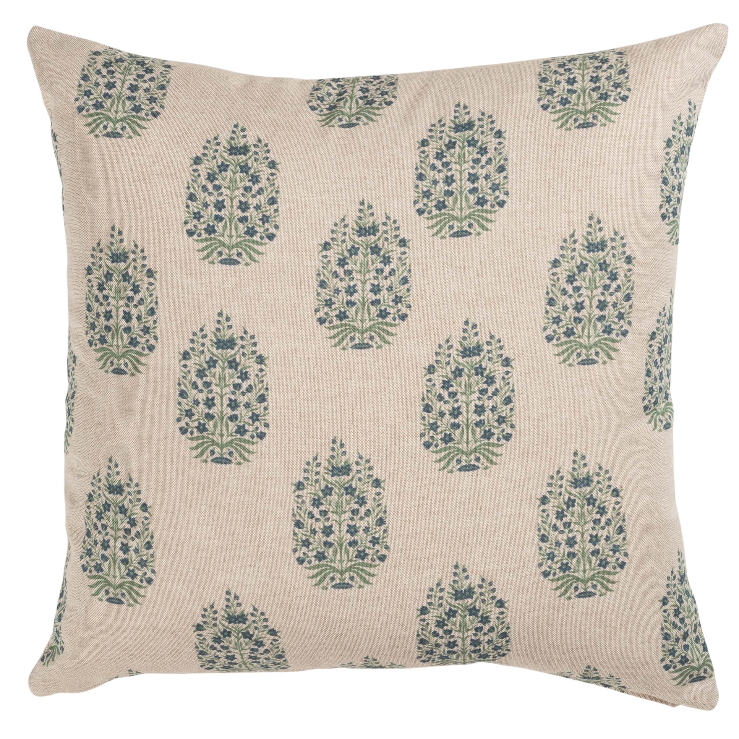 Apple Grove Linen Effect Cushion Cover in Indigo Blue and Green. Nature Inspired Geometric Trees and Blossom Print. 17x17" Square Cover Only.