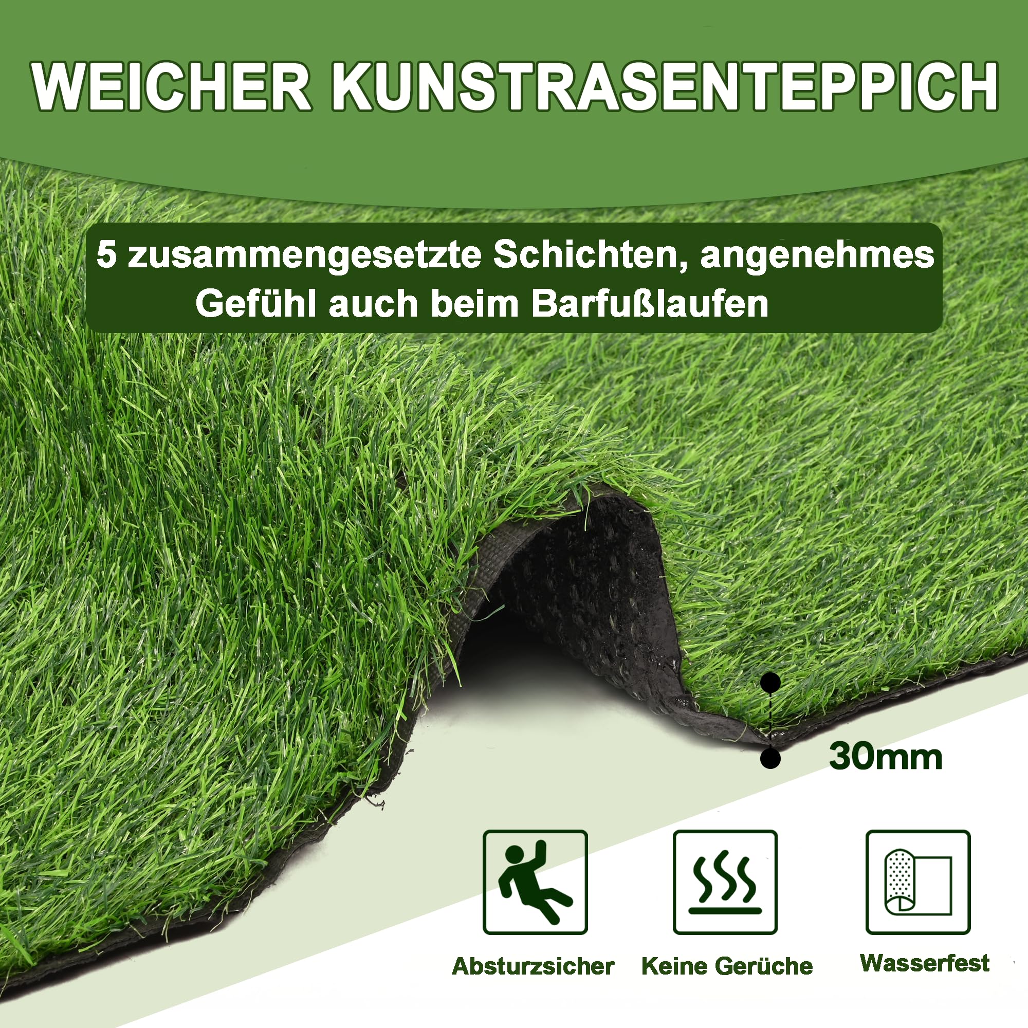 bimiti Tapis de gazon artificiel 200 x 300 cm - Au mètre - Résistant aux intempéries - Pour balcon, terrasse et jardin