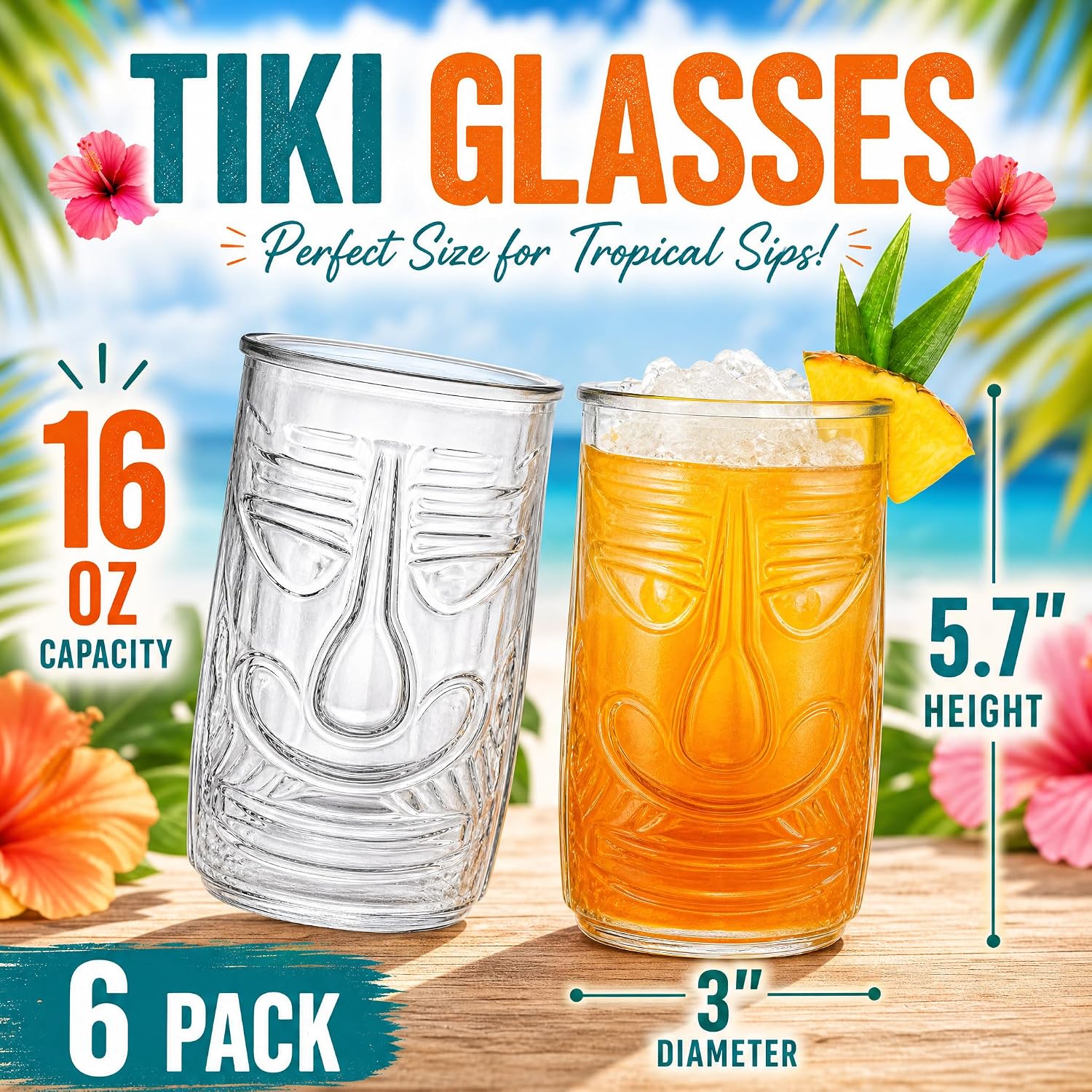 Tiki Glasses Set of 6, 16 Oz Clear Cocktail Tiki Mug, Exotic Zombie Party Cup, Tropical Tiki Drinking Glassware for Island Drinks, Bar, Hawaiian Party, Halloween Decor