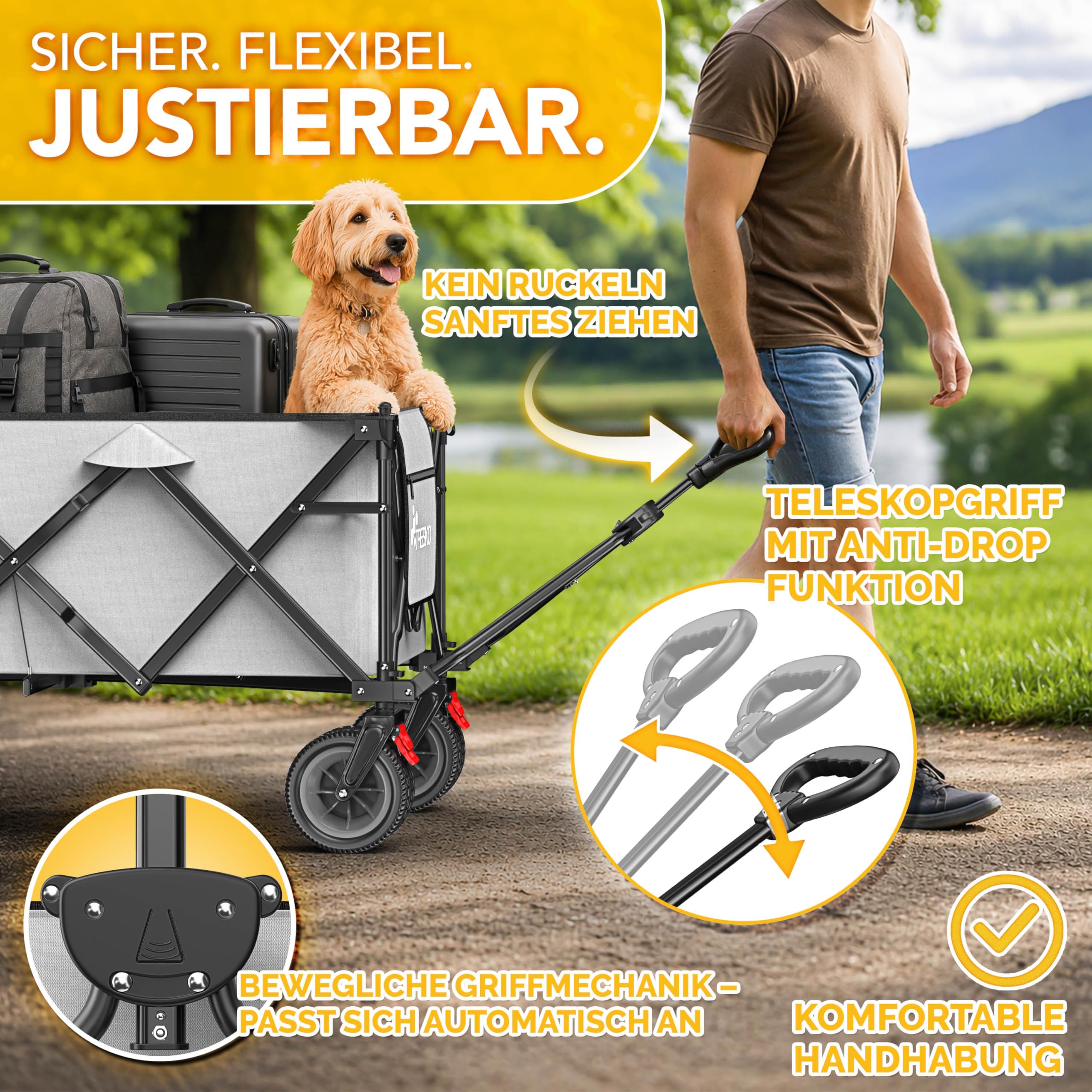 TRESKO® Bollerwagen faltbar 300L mit Bremse | Handwagen klappbar 150kg inkl. Vollgummireifen | Faltbarer Strandwagen Extra Breite All-Terrain-Räder | Transportwagen mit Tragetasche (Grau)