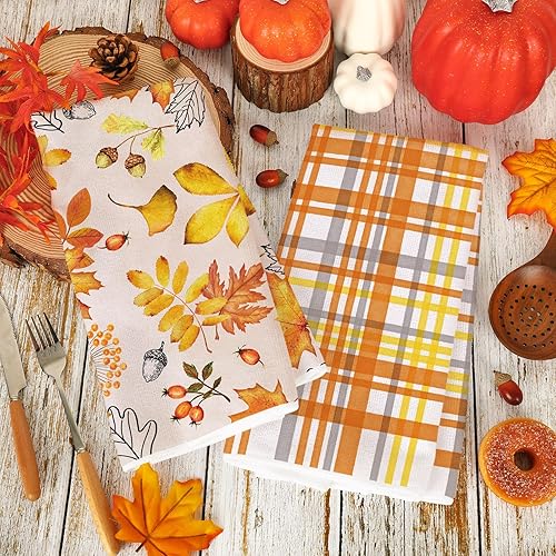 Miniatura 4 de Toalla de cocina de otoño de 18 x 28 pulgadas, diseño a cuadros de hojas de arce, toalla de cocina decorativa de otoño para secado de manos para