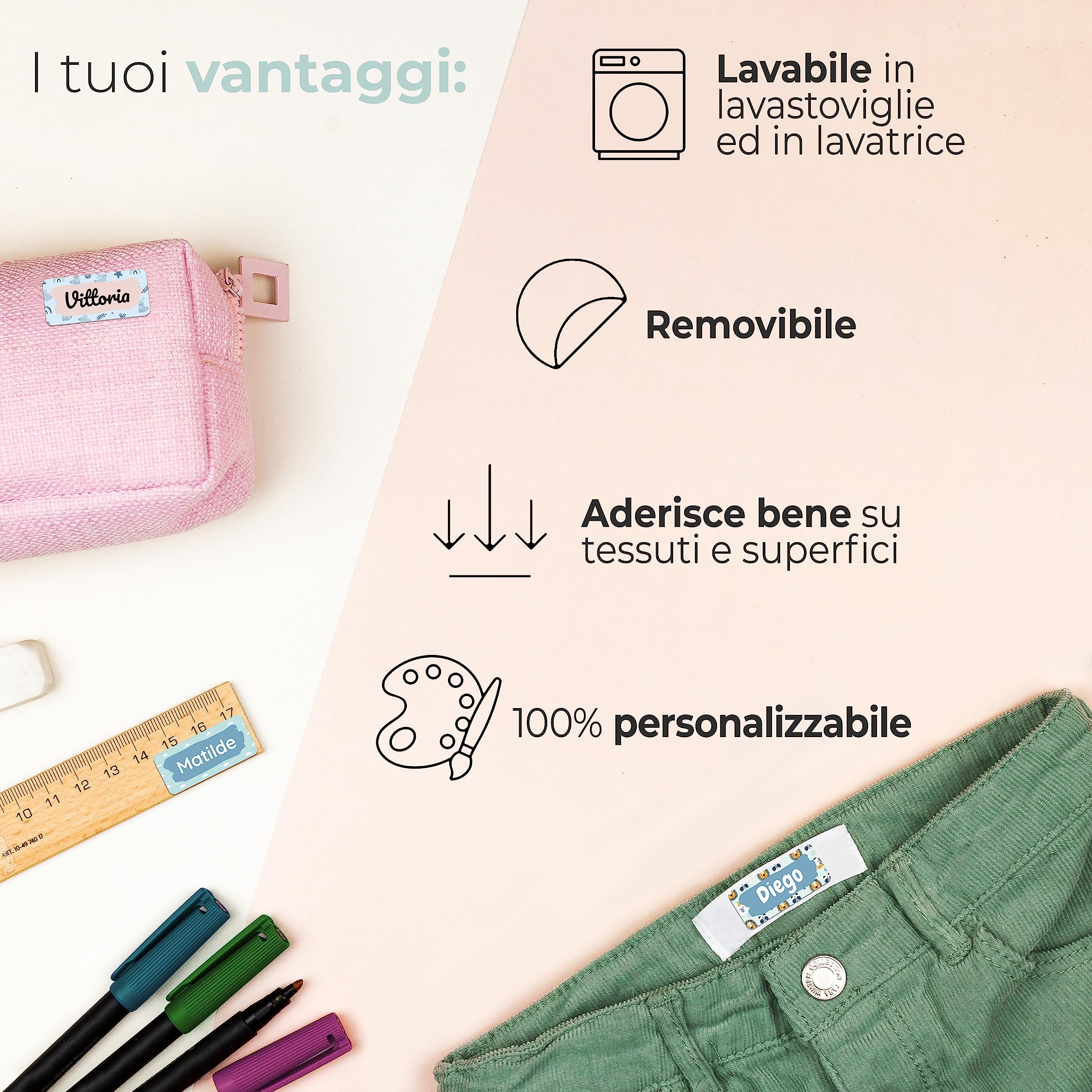 50 Etichette Adesive Personalizzabili - Lavabili, Per Vestiti E Scuola, Bianche