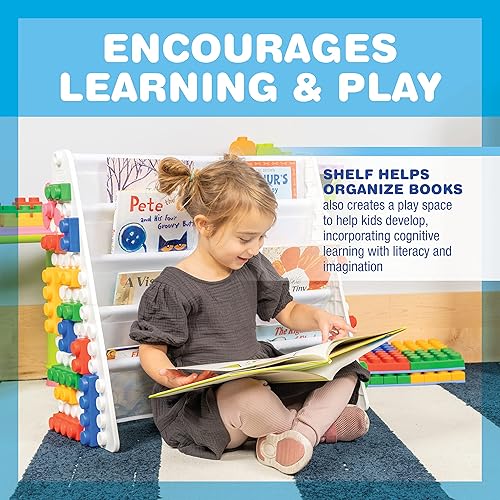 Miniatura 5 de UNiPLAY Organizador de almacenamiento de libros de 4 niveles para niños con bolsillos para libros, estantería de plástico para sala de juegos, se