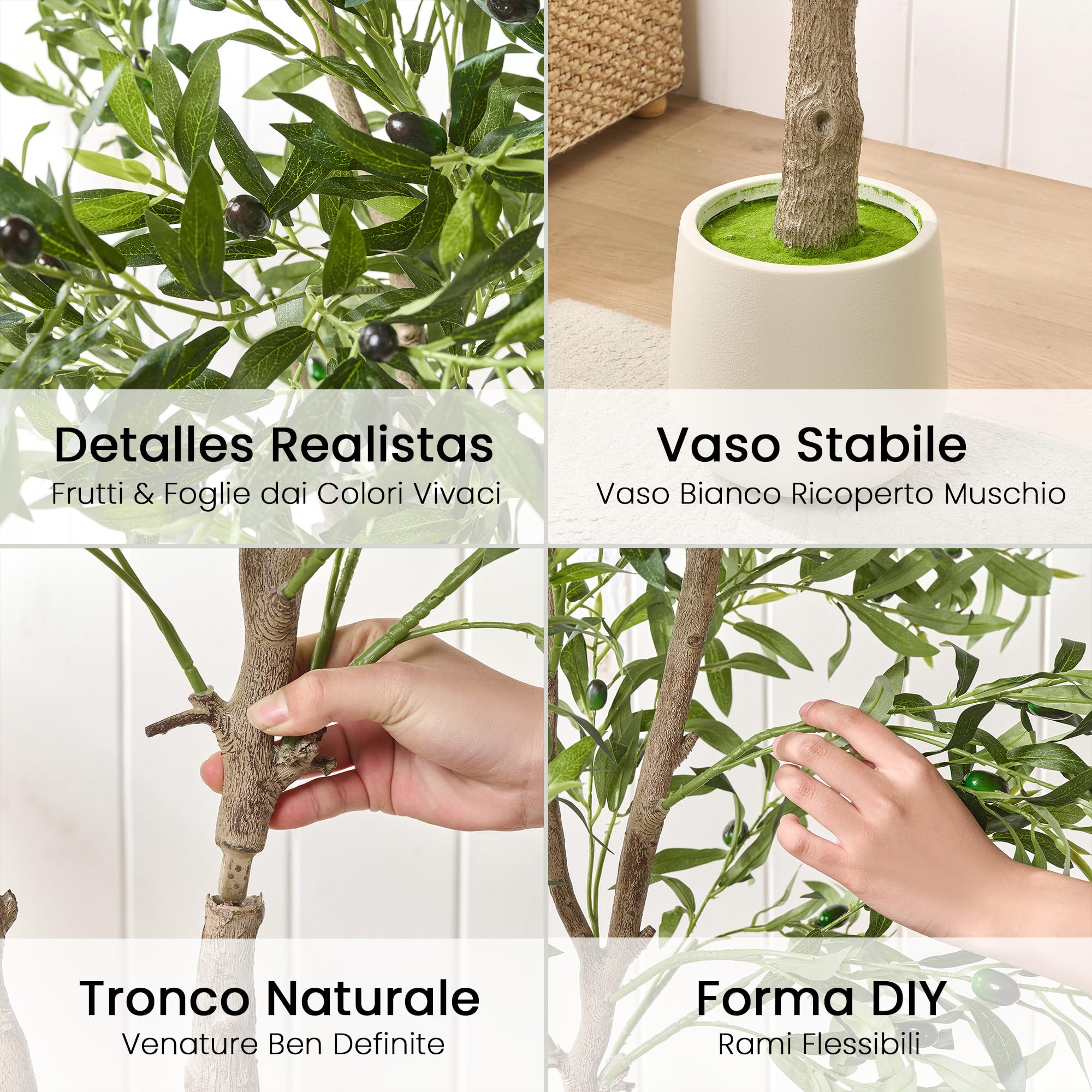 ZKIODV Ulivo Piante Finte da interno Alta, 180 cm Albero di Ulivo Artificiale con Vaso Bianco, Pianta Finta Realistica Decor, Piante Artificiali per Casa Ufficio Hotel, Interno/Esterno, Olive Tree