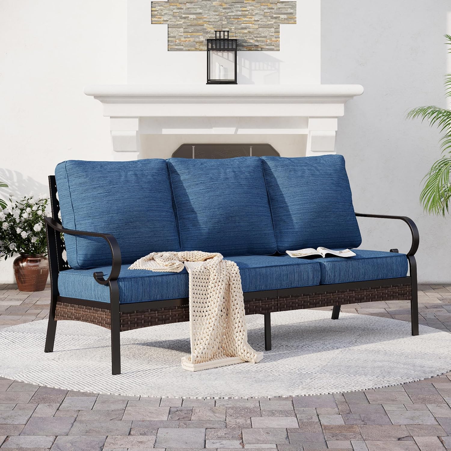 Metal Patio Furniture Sofa with 5.75" Extra Thick Cushion, 3-Seater Deep Seating & High-Back Black Frame Outdoor Couch All Weather Outdoor Seating for Deck Gazebo Porch, Peacock Blue
