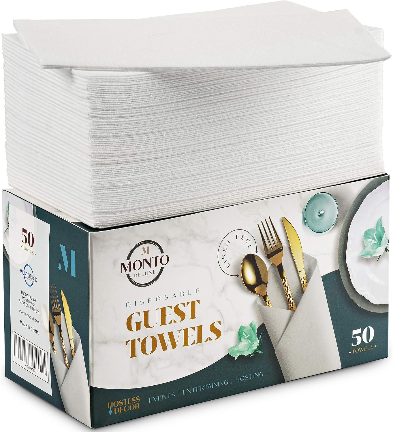 MontoPack Disposable White Linen-Feel Guest Towels | Soft, Absorbent, Cloth-Like Hand Napkins for Powder Room, Kitchen, Bathroom, Parties, & Weddings | 50 Pack, 8”x4” (Folded) 11.5”x16.5” (Unfolded)