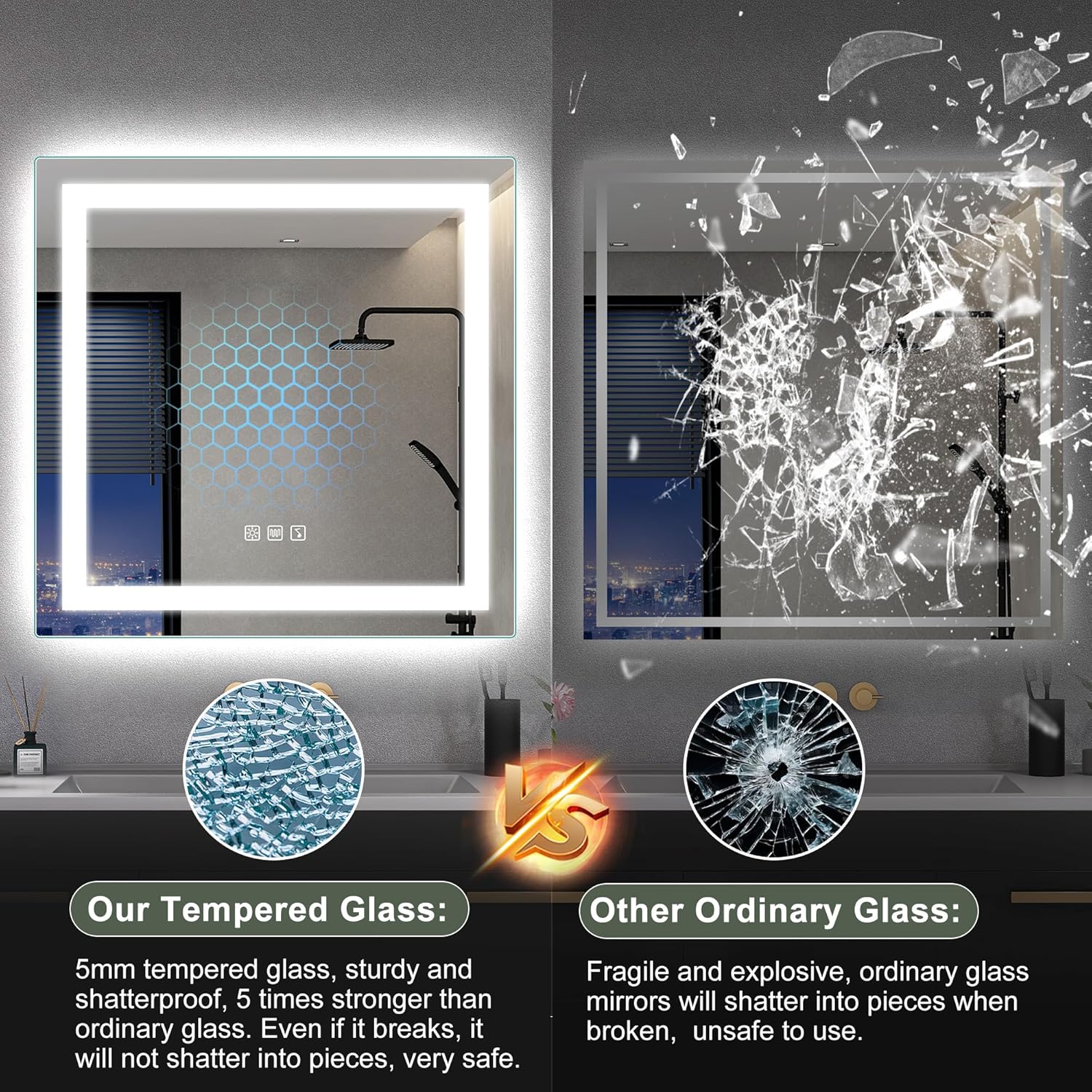 SBAGNO 36x36 LED-Bathroom-Mirror-with-Bluetooth, Dimmable-Lighted-Bathroom-Vanity-Mirror-with-3-Colors，Backlit + Front Lit, Memory Function, Anti-Fog, Tempered Glass, Horizontal/Vertical