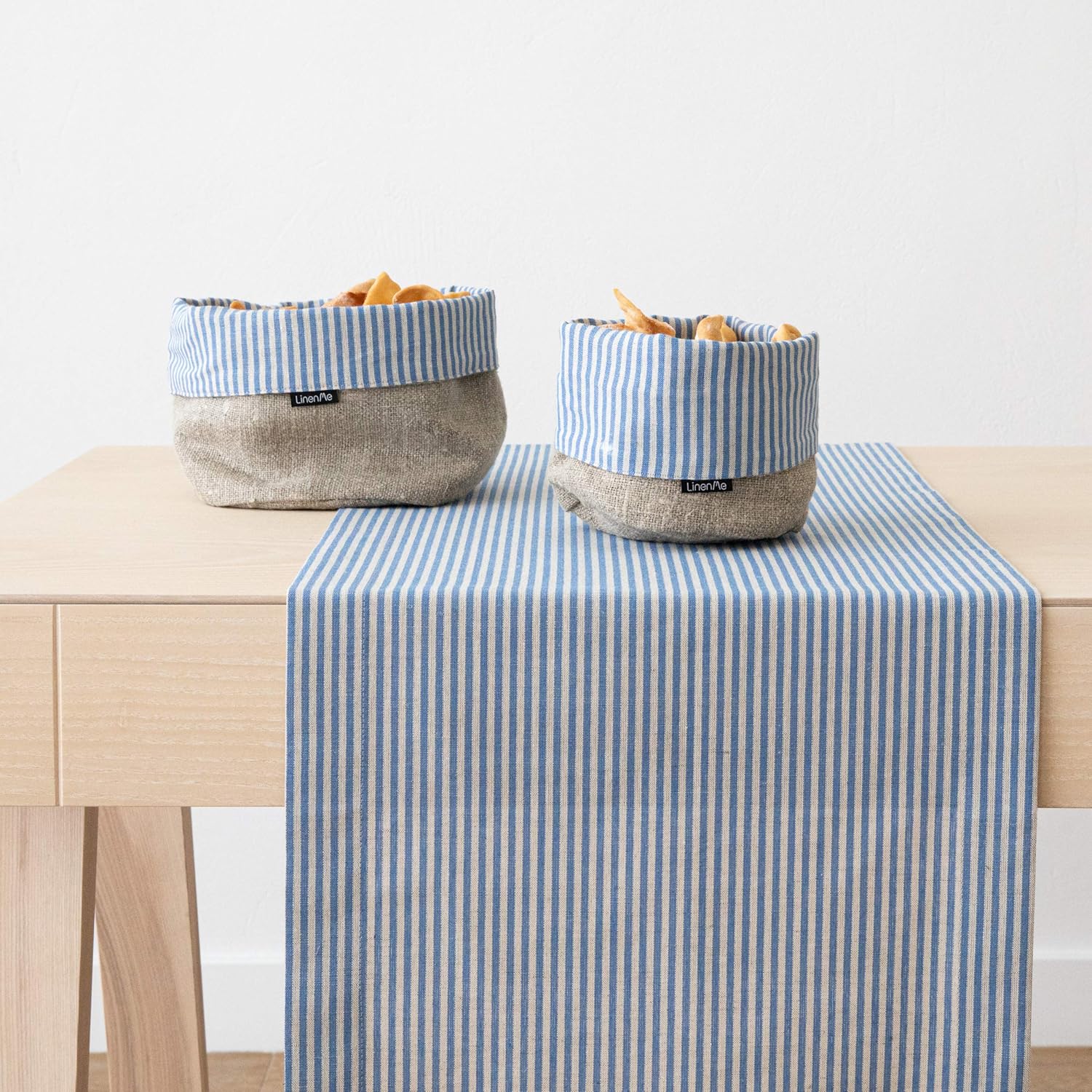LinenMe Blue Striped Linen Cotton Basket Jazz, Large (10 x 8)