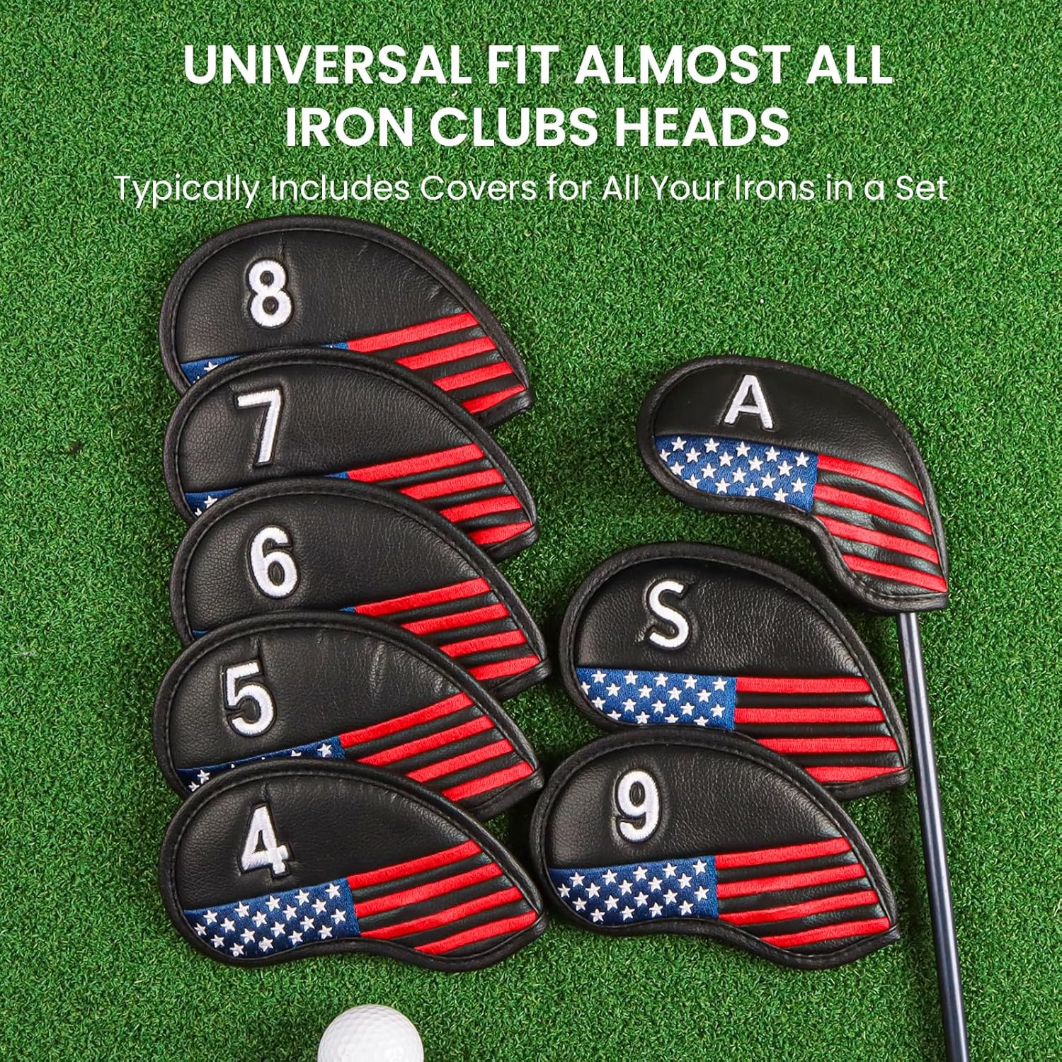 Amy Sport Golf Iron Head Covers Strong Magnetic Closure Value 9 Pack, Premium Synthetic Leather Deluxe Headcovers USA Flag Design, Universal Head Cover Fit Main Irons Clubs