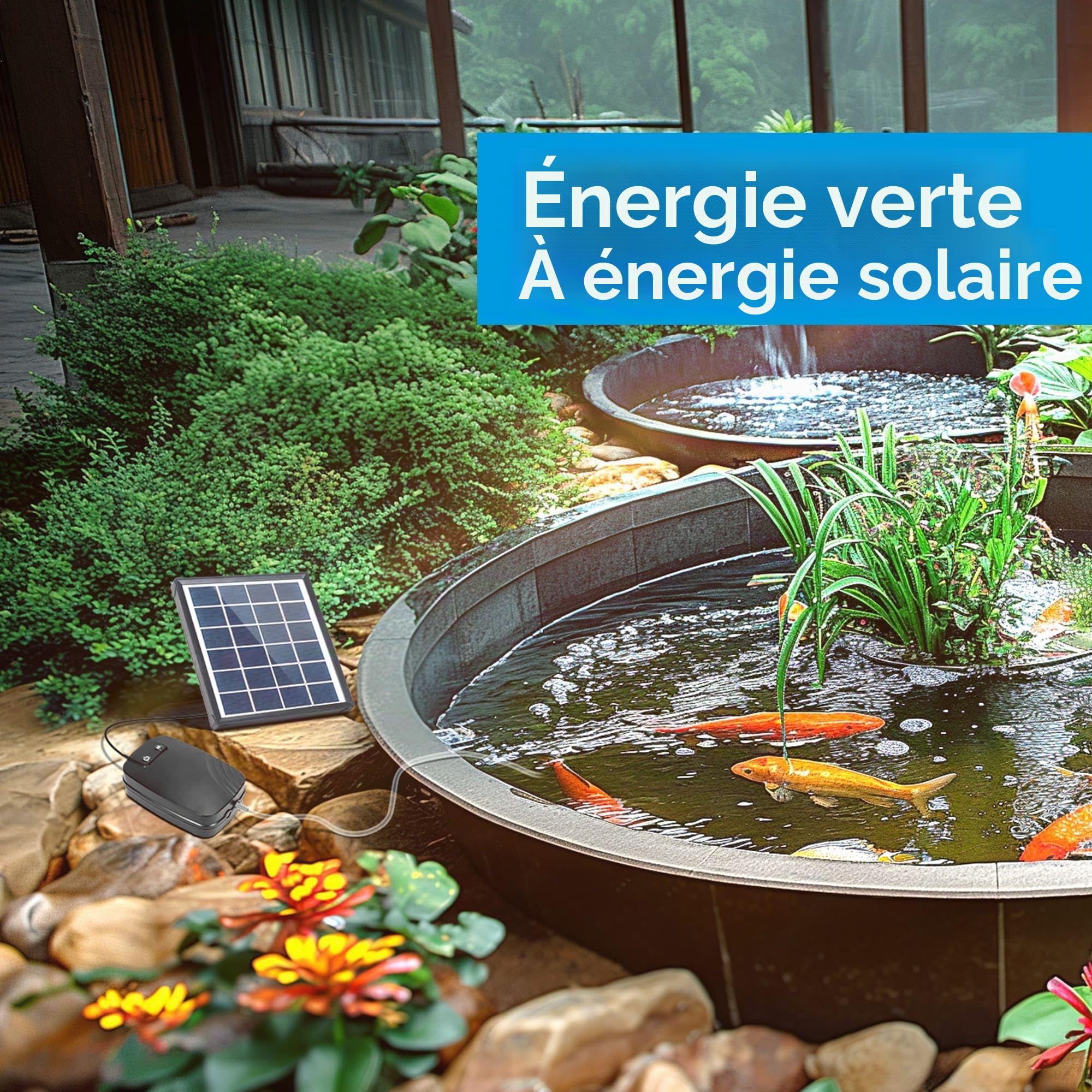 Biling Aérateur de bassin solaire - Pompe à oxygène avec batterie 2200 mAh - Panneau en verre de 2,5 W - Tuyau de 3 m - IPX5 - Silencieux - Pompe à air solaire pour étang de jardin, citerne d'eau de