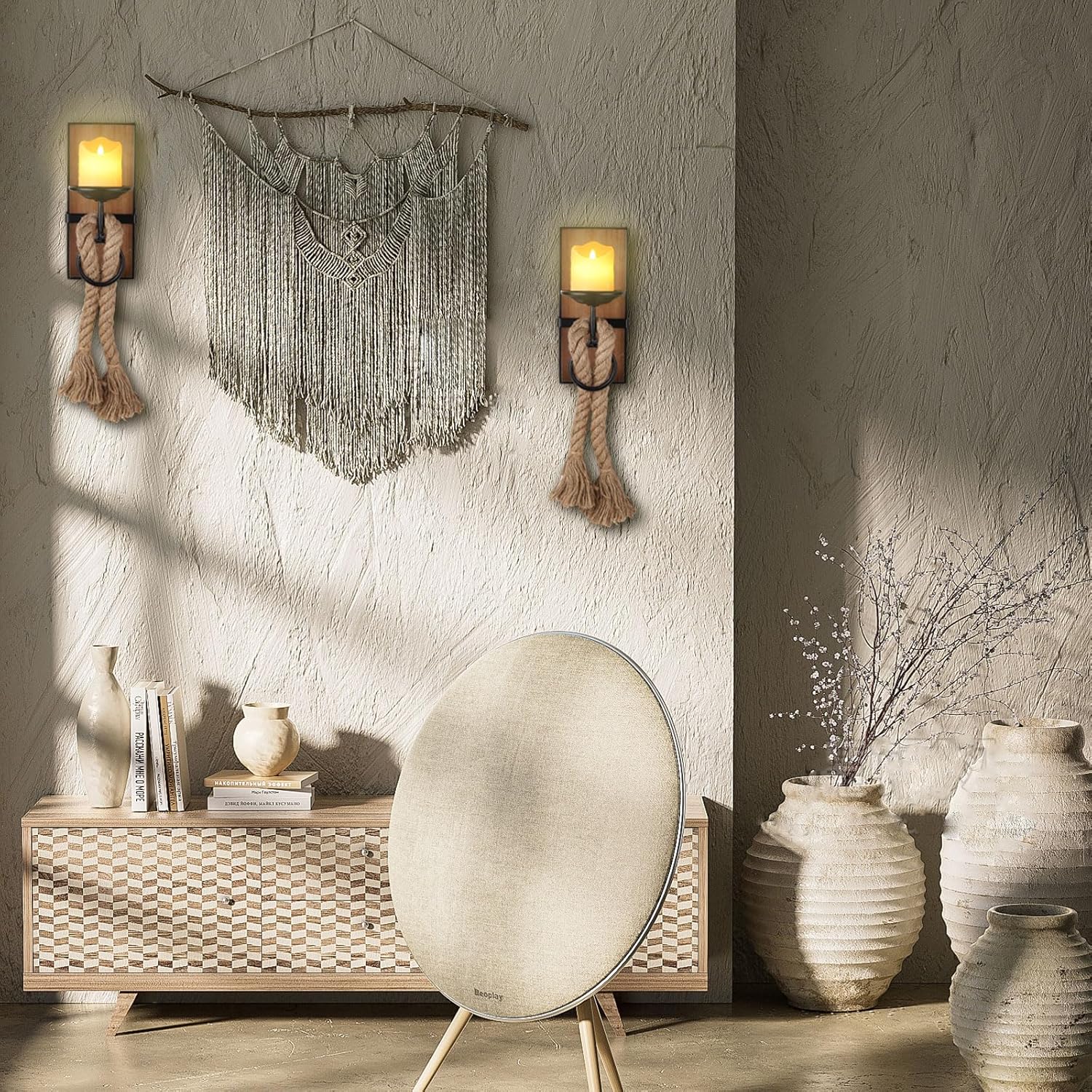 Wall Sconce Candle Holder Black Wall-Mount Metal and Wooden Candle Holders Hanging Iron Wall Candle Sconce Holder and use Hemp Rope Decoration,for Home,Living Room, Bathroom, Dining Room, Set of 2