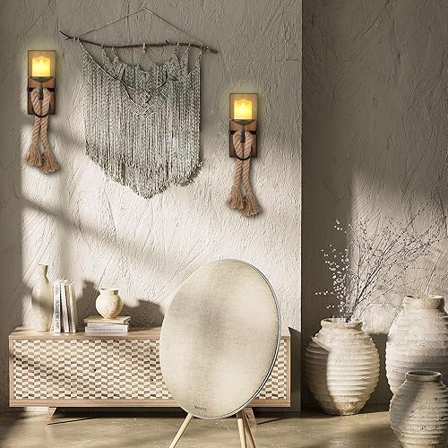 Miniatura 4 de Candelabro de pared negro de metal y madera para colgar velas de pared y decoración de cuerda de cáñamo, para el hogar, sala de estar, baño,