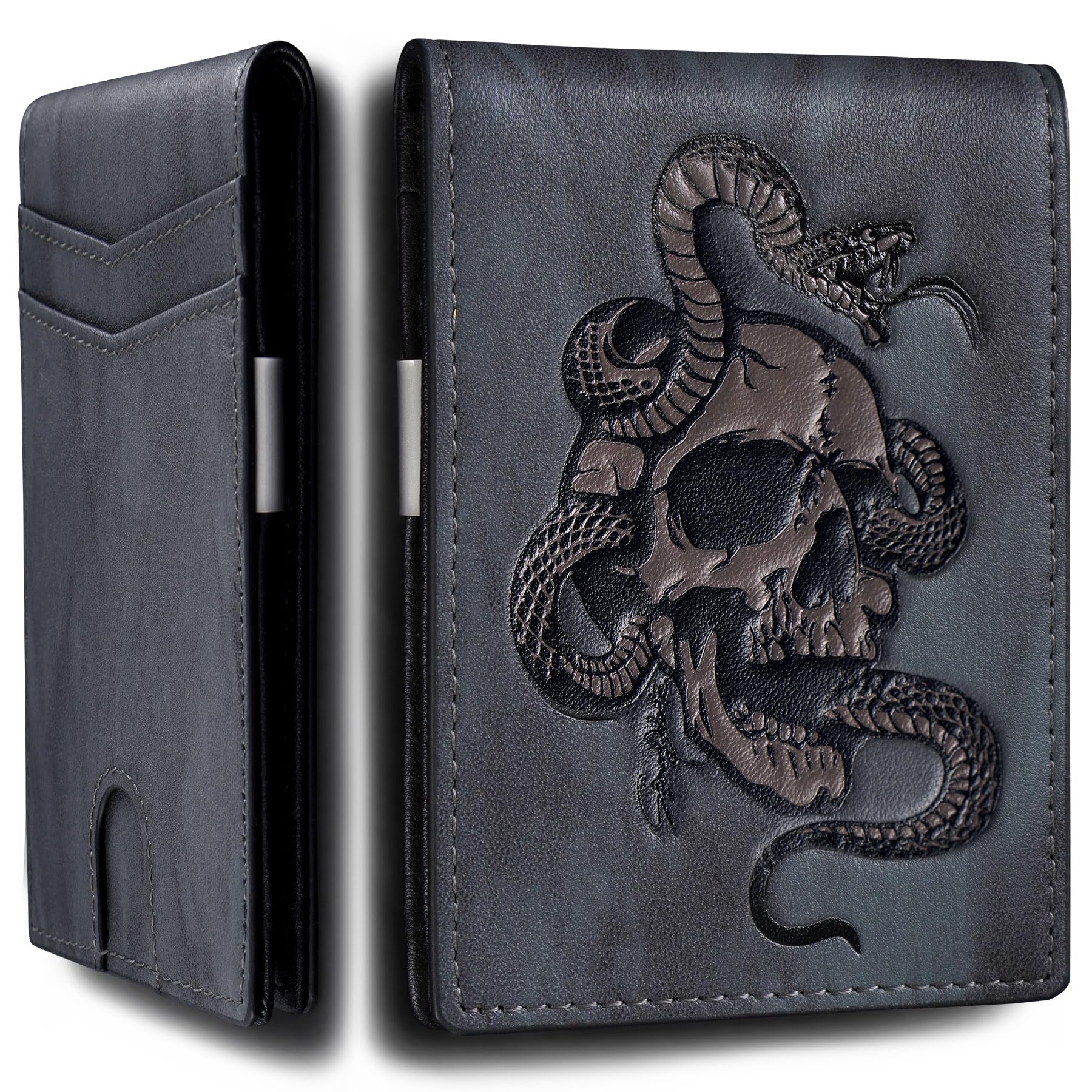 skneephate Slim Wallet For Men With Money Clip Skull Front Pocket Minimalist Bifold Credit Card Holder Genuine Leather Rfid Blocking(gray)