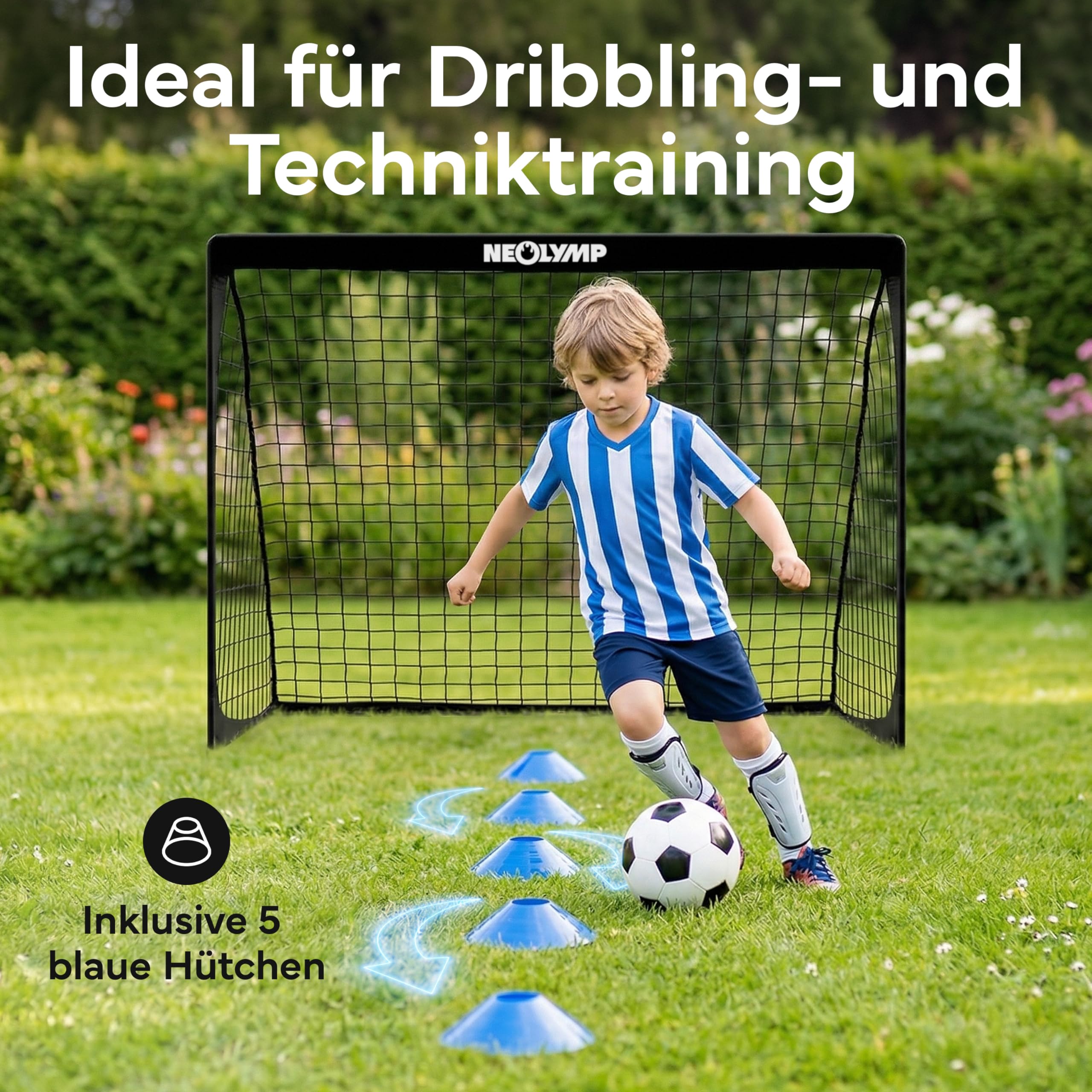 NEOLYMP Fußballtor Kinder Set – Faltbare Tore für Garten & Outdoor – Robuste 9 mm Fiberglas-Stangen – Mit Hütchen, Karabinern, Indoor-Füße & Tragetasche – Fußball-Training - Fußball Trainingszubehör