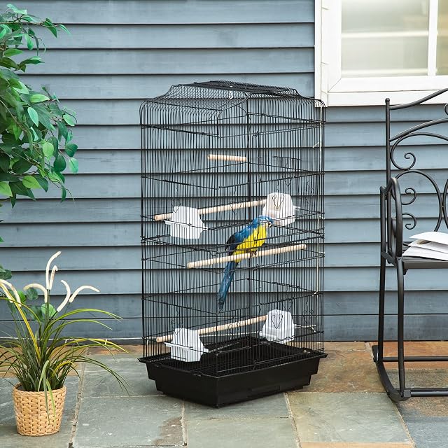 Foto 2 de 8 de PawHut Jaula para Pájaros con Puertas 4 Comederos 46,5x35,5x92 cm Negro