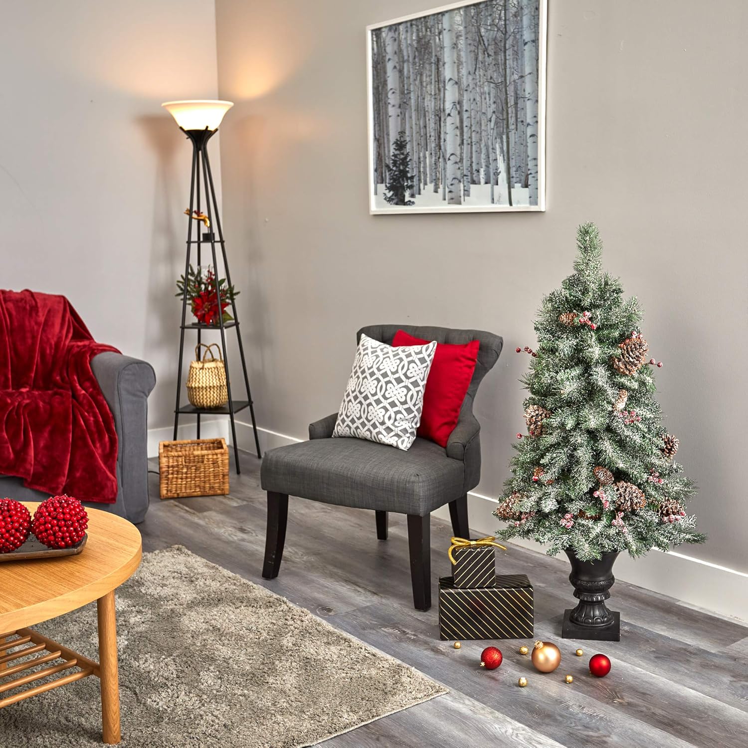 Nearly Natural 4ft. Frosted Pine, Pinecone and Berries Artificial Christmas Tree with 100 Clear LED Lights in Decorative Urn