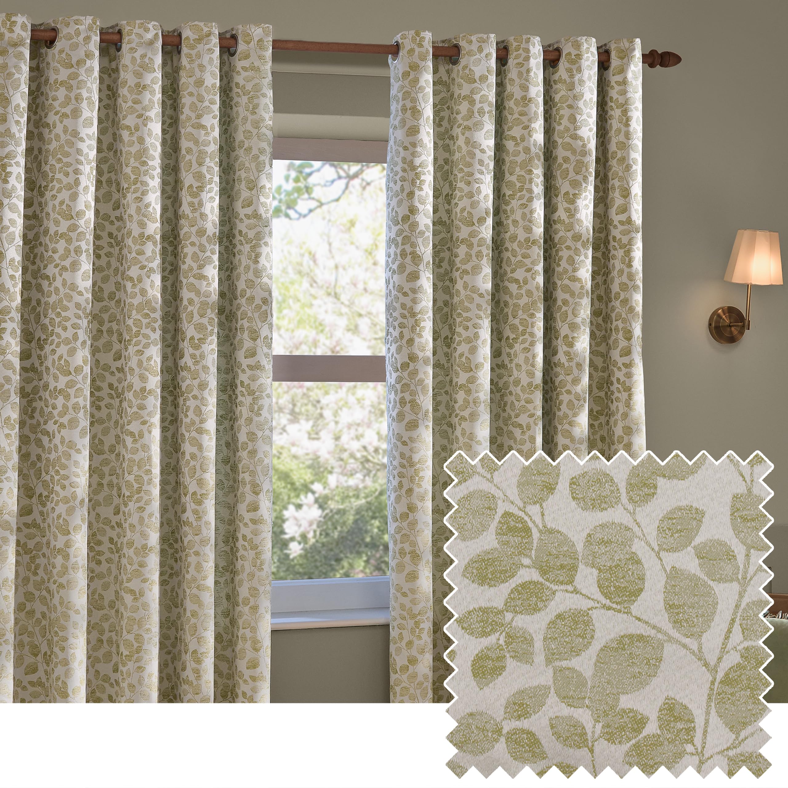furn. Wylder Grace Leaf Eyelet Curtain Pair – Matt Satin Jacquard Room Darkening Curtains (Sage – Width 117 x Drop 137cm)