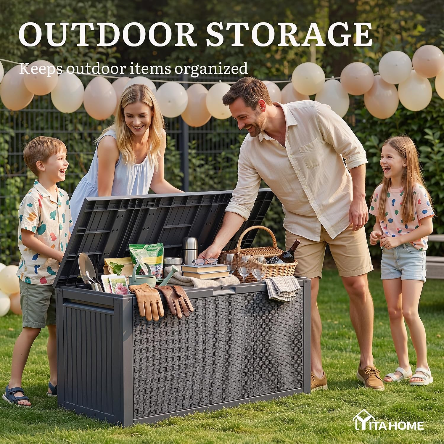 YITAHOME 90 Gallon Outdoor Storage Deck Box, Waterproof Resin Deck Box w/Handles, Lockable Outdside Deck Box for Patio Furniture, Garden Tools, Lockable & UV Resistant(Dark Gray)