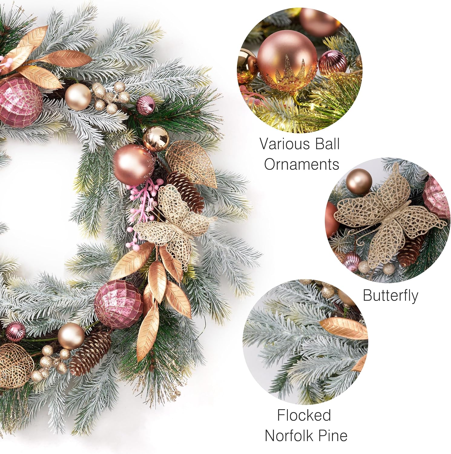 DecorbyHannah 24'' Pre-Lit Christmas Wreath for Front Door with Lights, Large Pink Lighted Christmas Wreaths with Ornaments for Window, Battery Operated Outdoor Xmas Wreath for Winter Holiday Decor