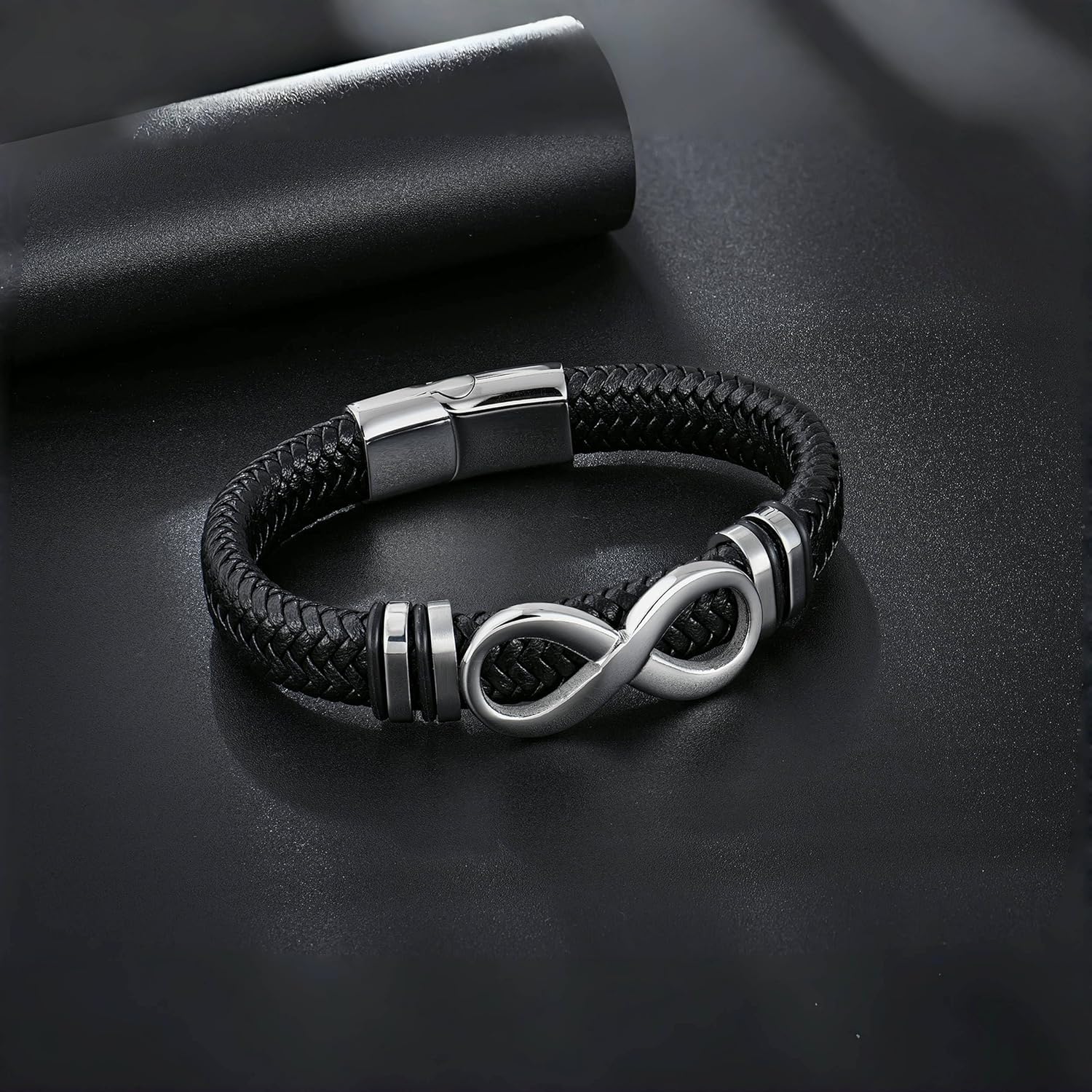 Men's Leather Infinity Bracelet Stainless Steel Number 8 Wristband Cuff Bangle Bracelets Gifts for Men, 8.3 & 9.1 inches - Image 2