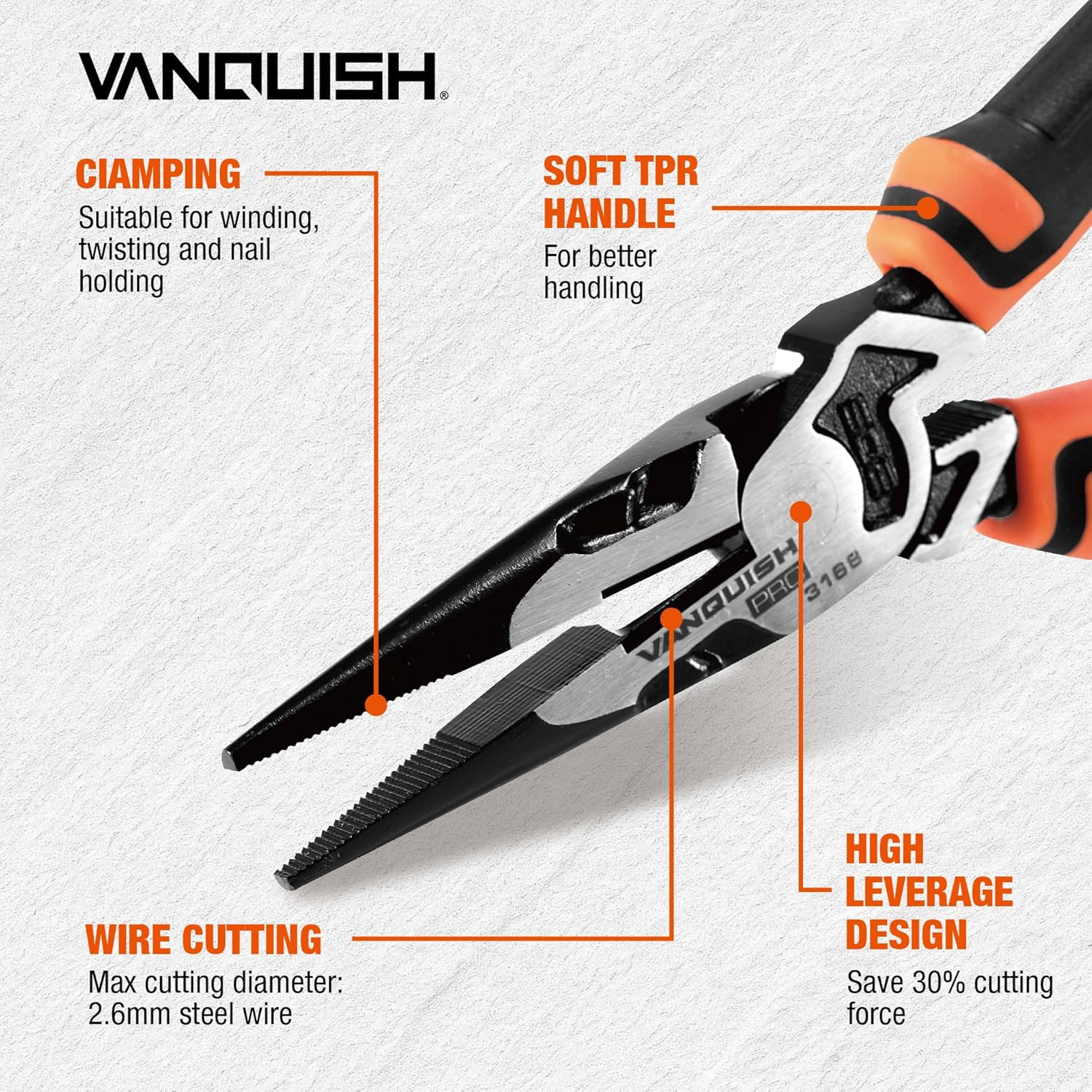Vanquish 8 Inch Long Needle Nose Pliers High-Leverage Wire Cutters with Comfort Grip Handle (3168)