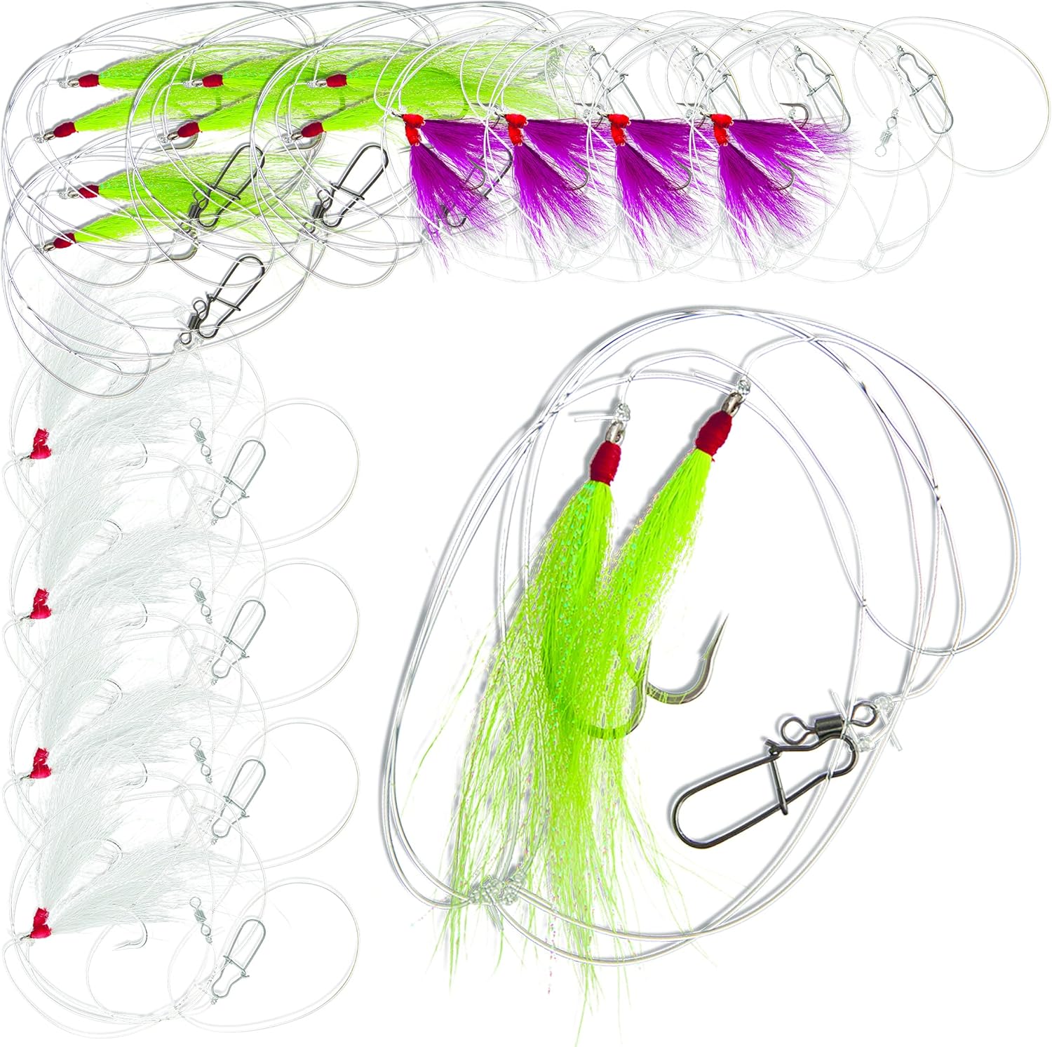 UMT - 3Pack, 6Pack & 12Pack Options - Fluke Flounder Ocean Hi/Lo Rig – Multicolor BUCKTAIL Teaser Hook for Saltwater–Size 5/0 Hook- 40lb Heavy Duty Mono 3ft Long - Black Duo-Lock Snaps - Hand Tied