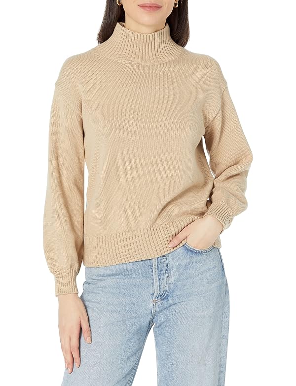 Amazon Essentials Women's Cotton Pullover Funnel-Neck Sweater, Ribbed (Available in Plus Size), Tan, Small by Amazon Essentials - Used condition - US$15.37