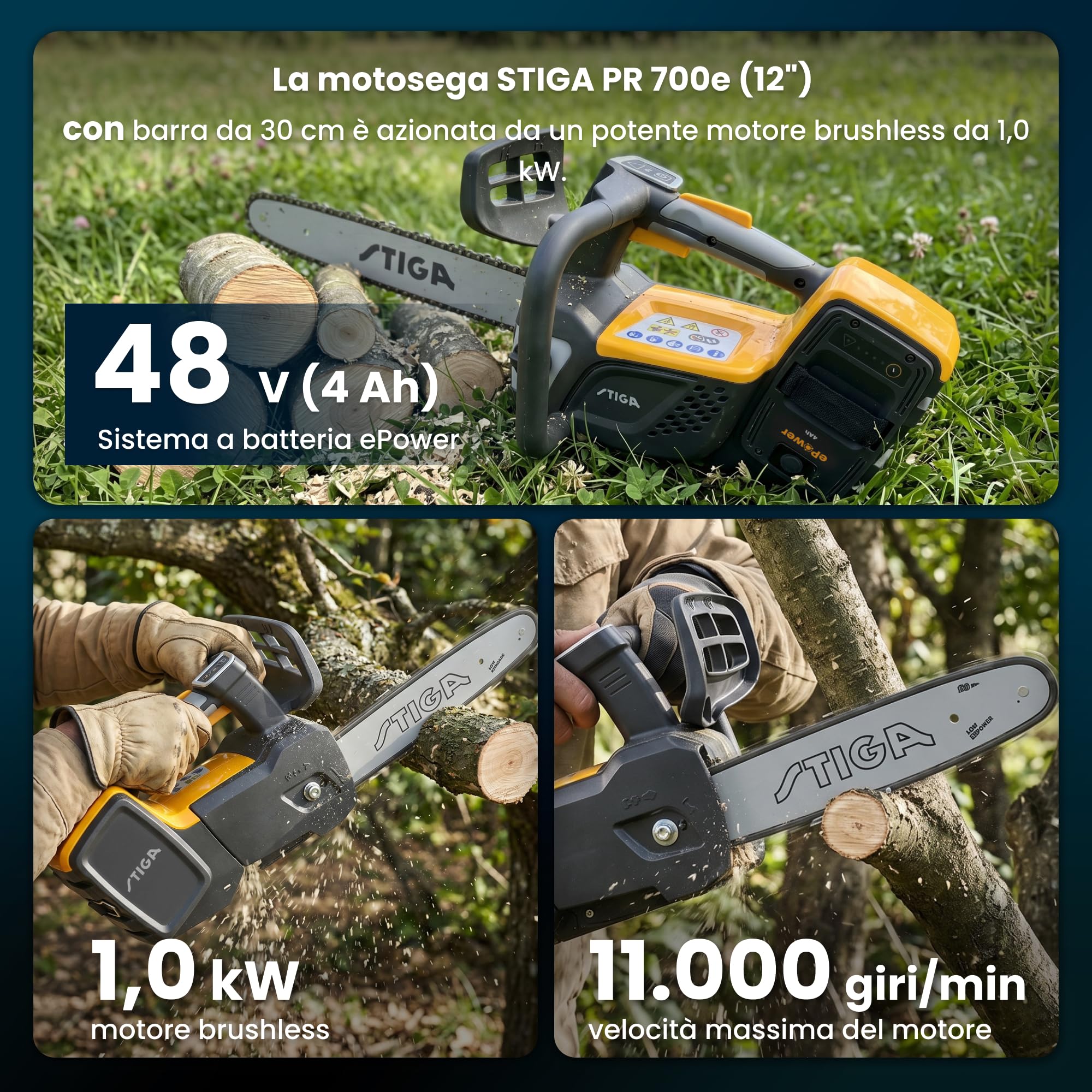STIGA PR 700e Motosega Da Potatura, 48 V, 30 cm, Batt. Non Incl. – Compatta e Leggera, Freno Catena Rapido – Potatura Professionale
