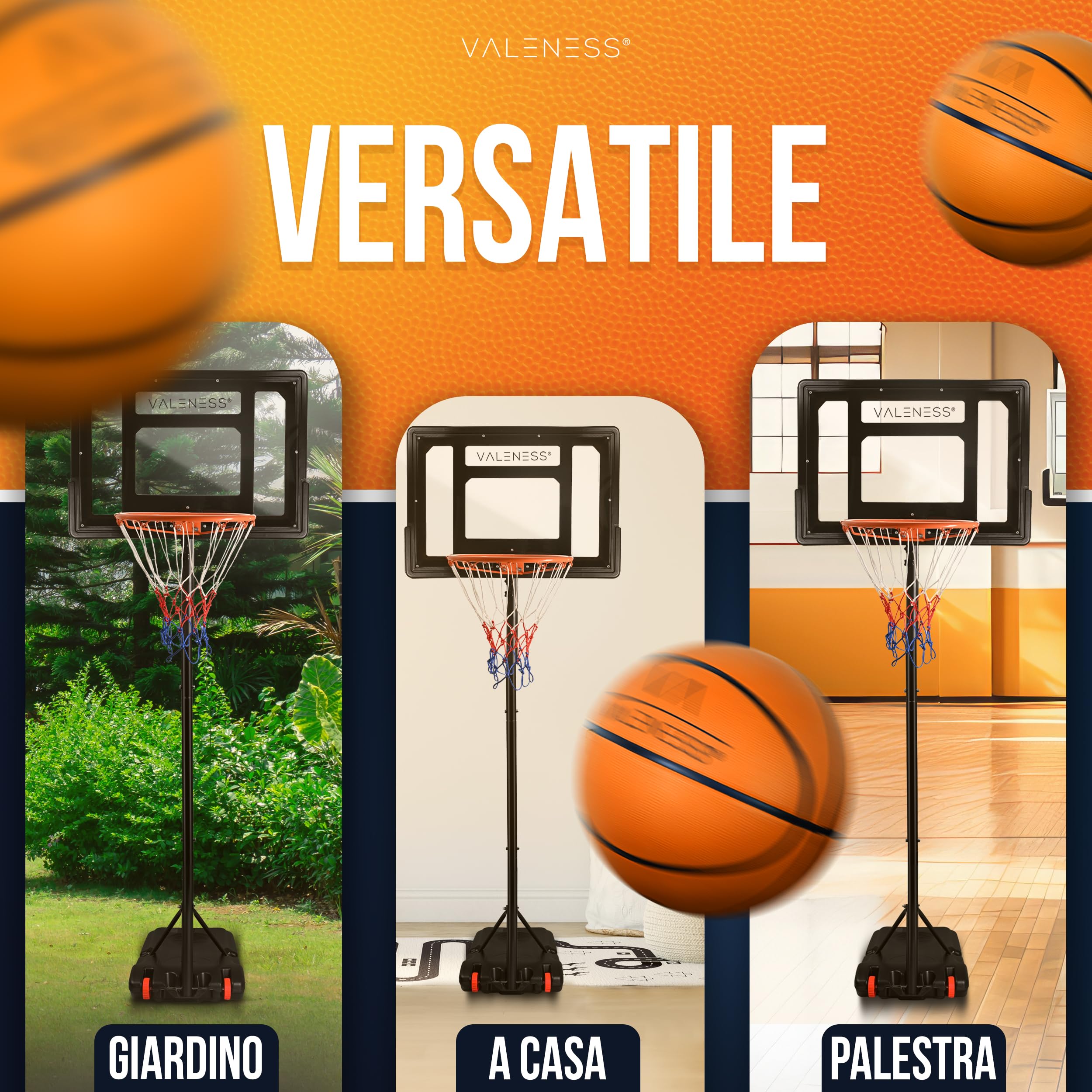VALENESS® Canestro da basket da esterno – Supporto regolabile in altezza [135–305 cm] e resistente alle intemperie – Canestro professionale con pallone e pompa per bambini e adulti