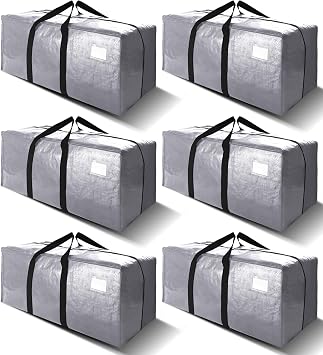 6 Pack Heavy Duty Extra Large Moving Bags W/Backpack Straps - Strong Handles & Zippers, Storage Totes For Space Saving, Fold Flat, Alternative to Box and Bin (40 gal, Silver)