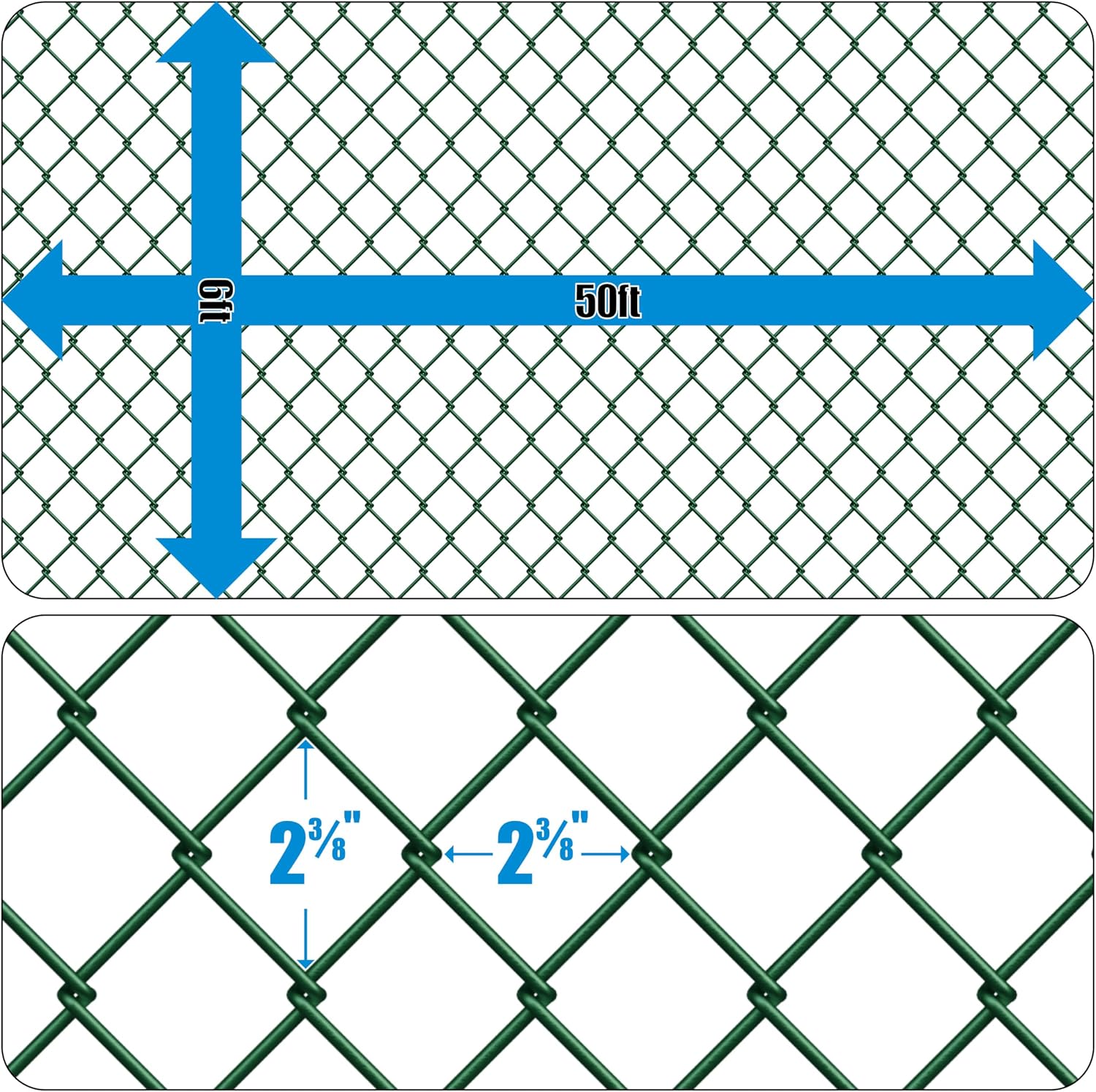 CAPHAUS Galvanized Steel 9 Gauge Green Vinyl Coated Chain Link Fencing Wire Roll, Galvanized Fence Fabric, Diamond Mesh Size 2-3/8 Inch (72 inch x 50ft.)