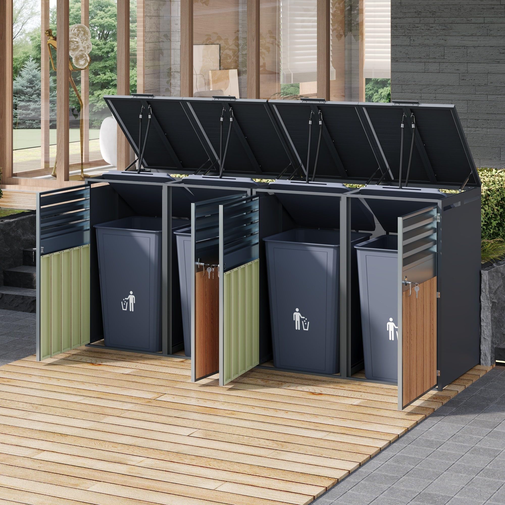 Mülltonnenbox 4Er für 4 Mülltonne Bis 240L mit Klappdeckel, Lüftungsöffnung Mit Lamellen, Trash Storage Compartments,Abschließbar, Zwei Türen, Garten Müllbox, Mülltonnenverkleidung,4 Bin