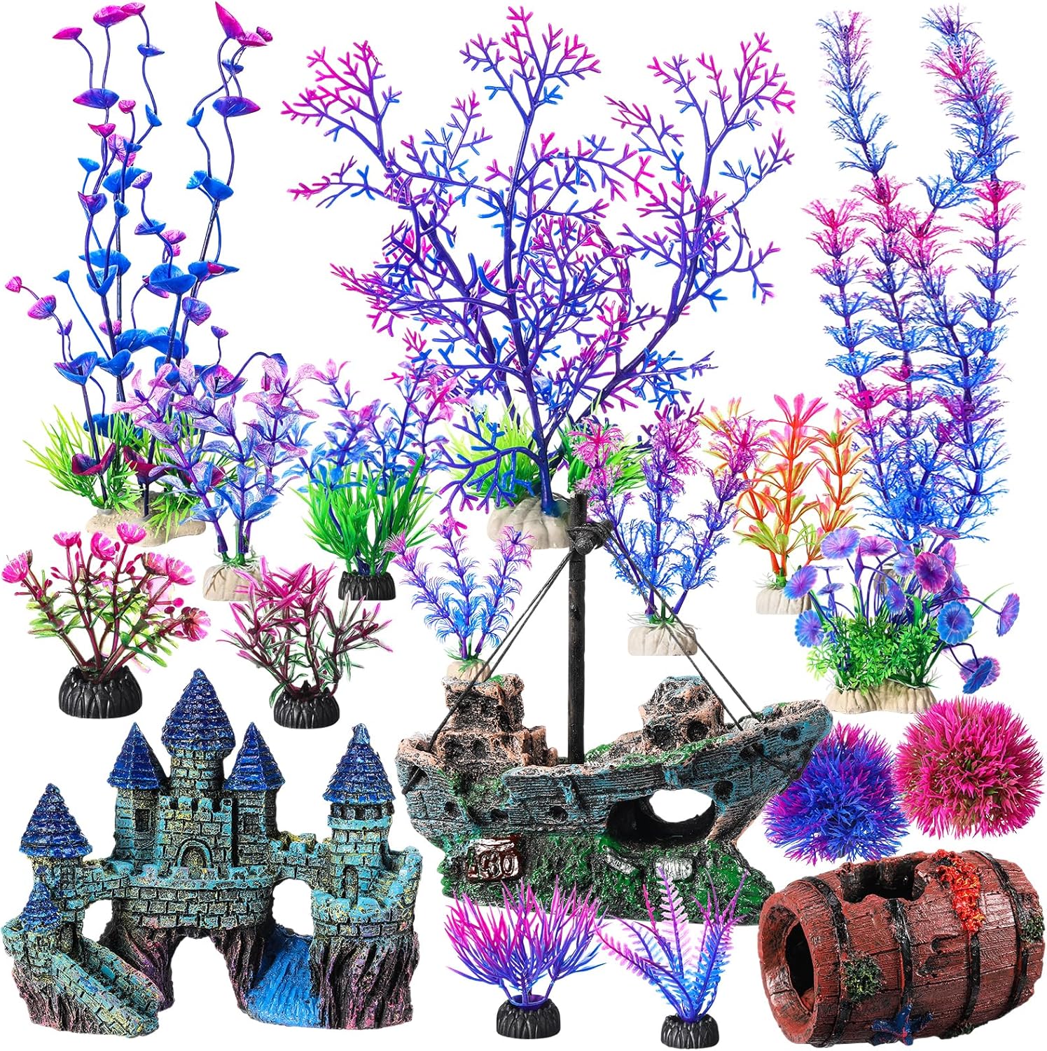 Zeyune 18 Pcs Aquarium Decorations Kit Fish Tank Decorations Set Small Resin Castle Sunken Ship Starfish Barrel Artificial Aquarium Plants for Fish Bowl