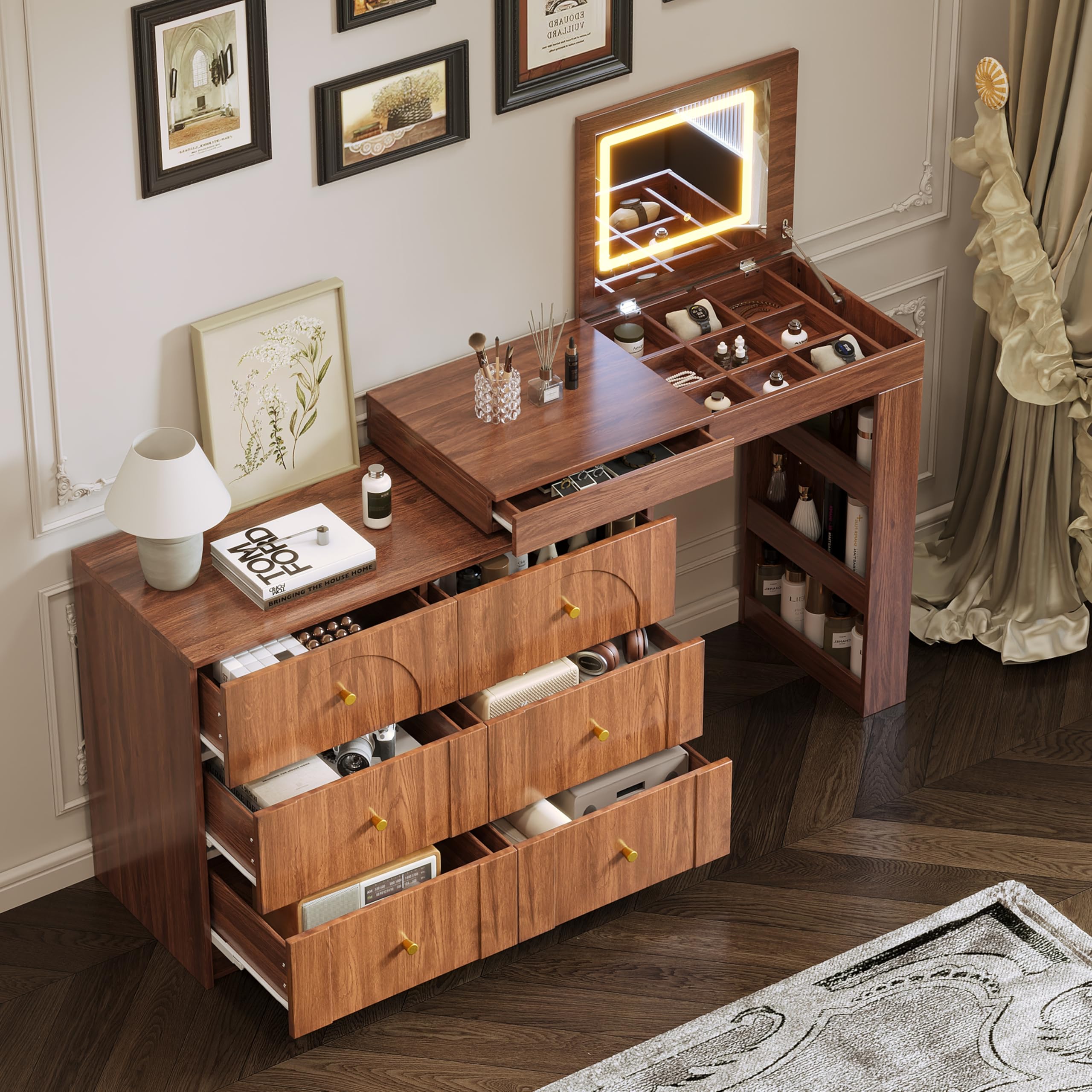 Polibi Vanity Desk with Mirror and 3 Color Modes LED Lights,Convertible L-Shape Makeup Table with Flip-Top Tabletop,7 Drawers, 9 Compartments, 3 Shelves(Walnut)