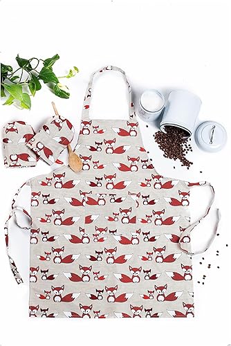 Miniatura 4 de Delantal de cocina de lino con 2 guantes cortos para horno, delantales de cocina con bolsillo frontal para mujeres y hombres con bonito diseño