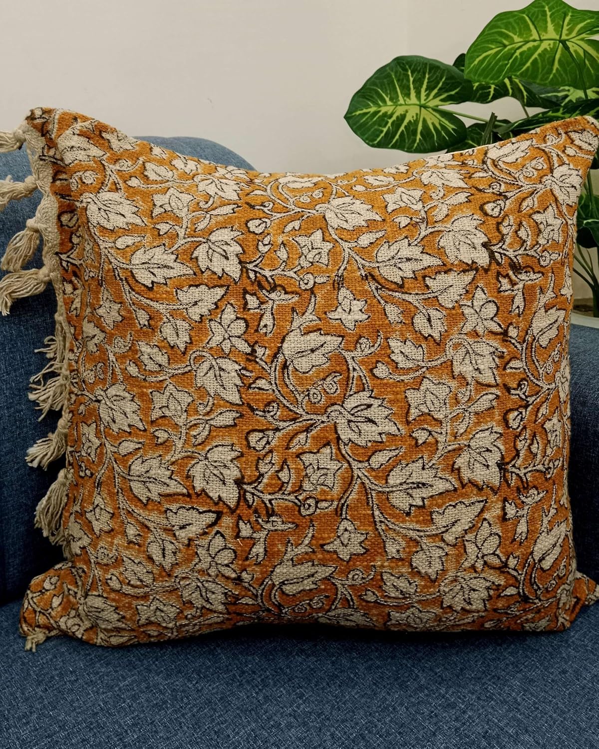 Set of 2 Boho Cotton Pillow Covers 16x16 Inch | Block Printed Cushion Covers with Tassels | Floral Throw Pillow Cases – Rustic & Bohemian Decor