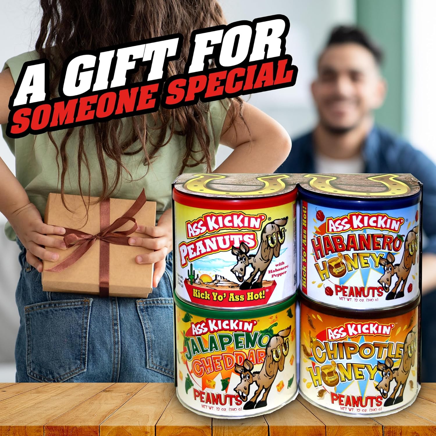 ASS KICKIN' Crunchy Spicy Hot Peanuts: Pepper Peanuts, Jalapeno Peanuts, Habanero Honey Peanuts, and Jalapeno Peanuts, Gift Set.