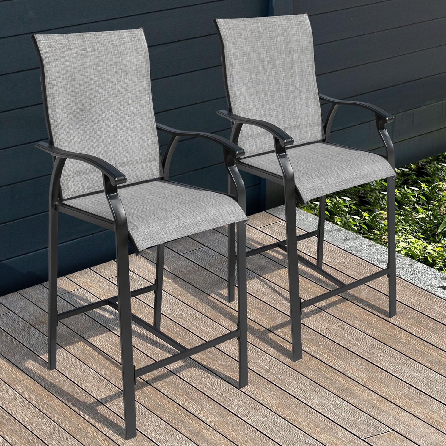 NUU GARDEN 2 Piece Outdoor Patio Bar Stools, All-Weather Textilene High Bar Stools Set of 2 with Powder-Coated Iron Frame, for Patio, Deck and Garden, Gray