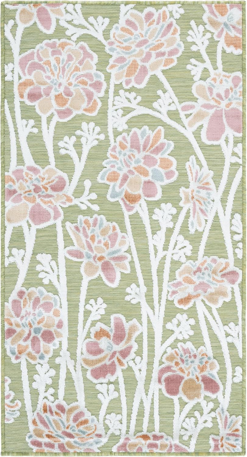 SAFAVIEH Washable Rug Outdoor Cabana Collection - 2'7" x 5', Green & Pink, Non-Shedding & Easy to Clean, Ideal for Patio, Backyard, Mudroom (CBN486Y)