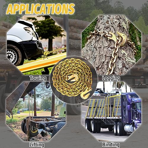 Miniatura 7 de Cadena de transporte G80 de 516 pulgadas × 10 pies, cadena de remolque con ganchos de agarre de horquilla, límite de carga de trabajo seguro de 4900