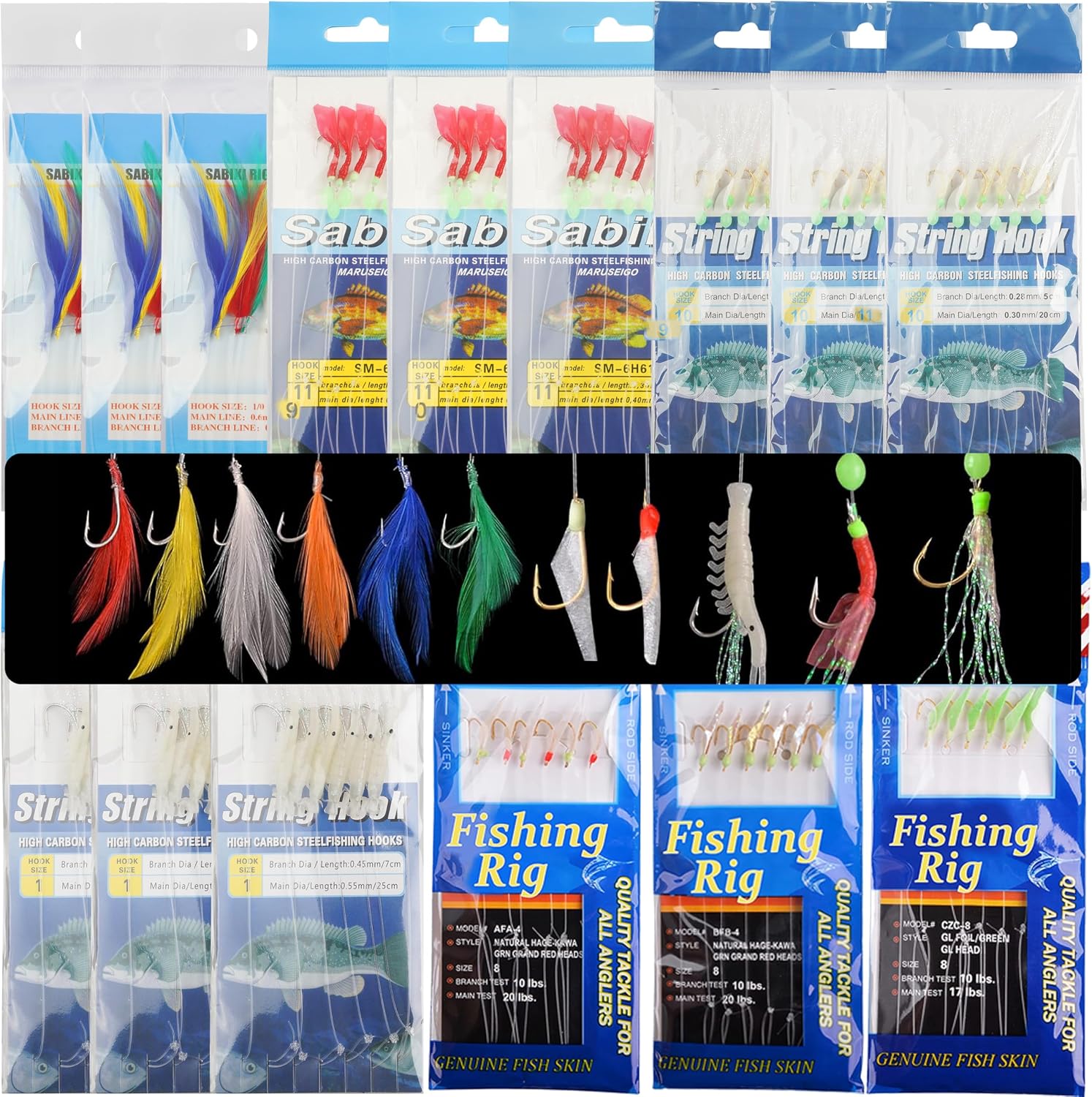 Mackerel Rigs Fishing Bait Rigs, 15 Pack Surf Fishing Rigs with String Hooks Swivels Luminous Sea Bass Rigs
