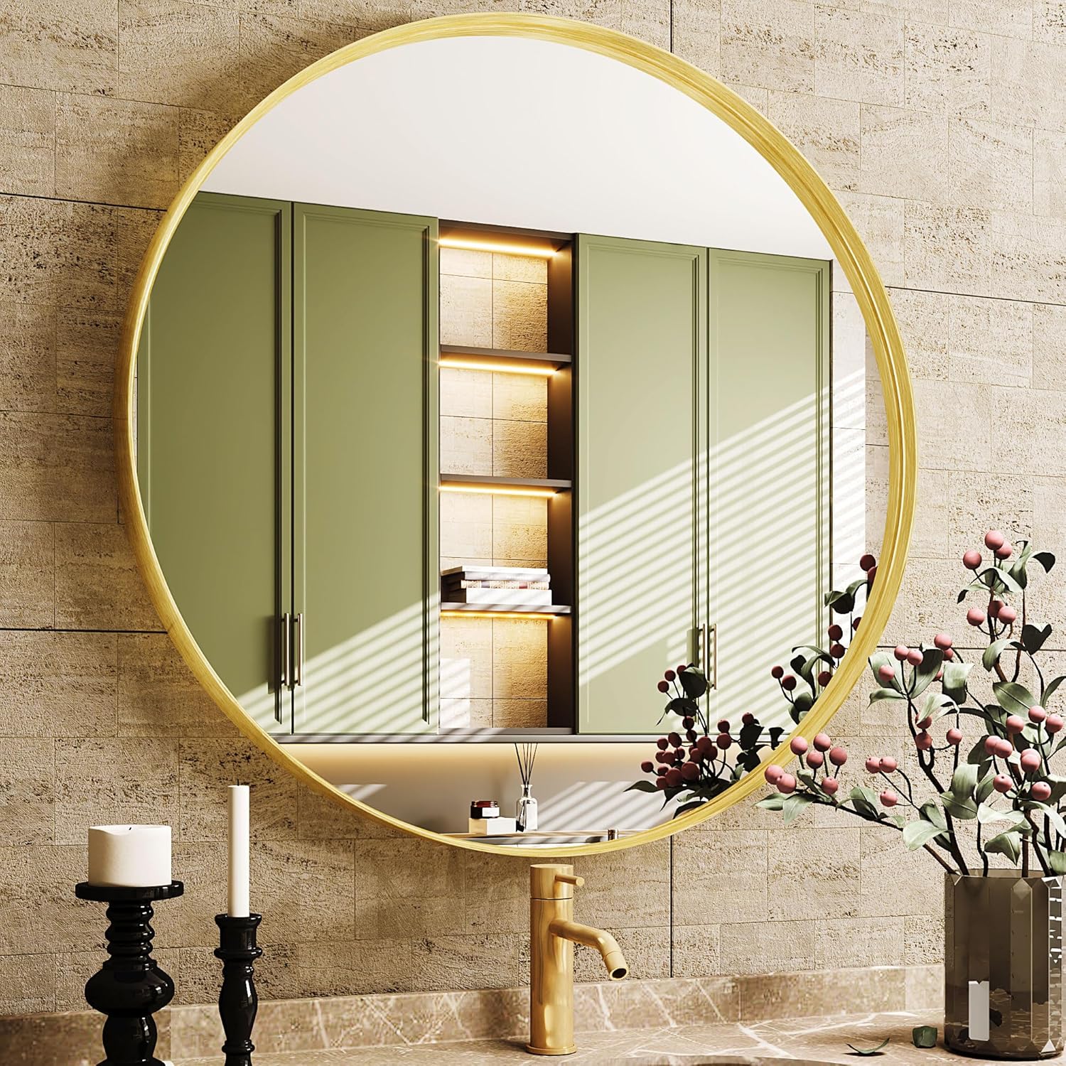 Suidia Wall Mirror, Gold Metal Frame Mirror 30 inch, Round Wall Mirror for Bathroom, Vanity, Living Room, Entryway, Circle Bathroom Vanity Mirror
