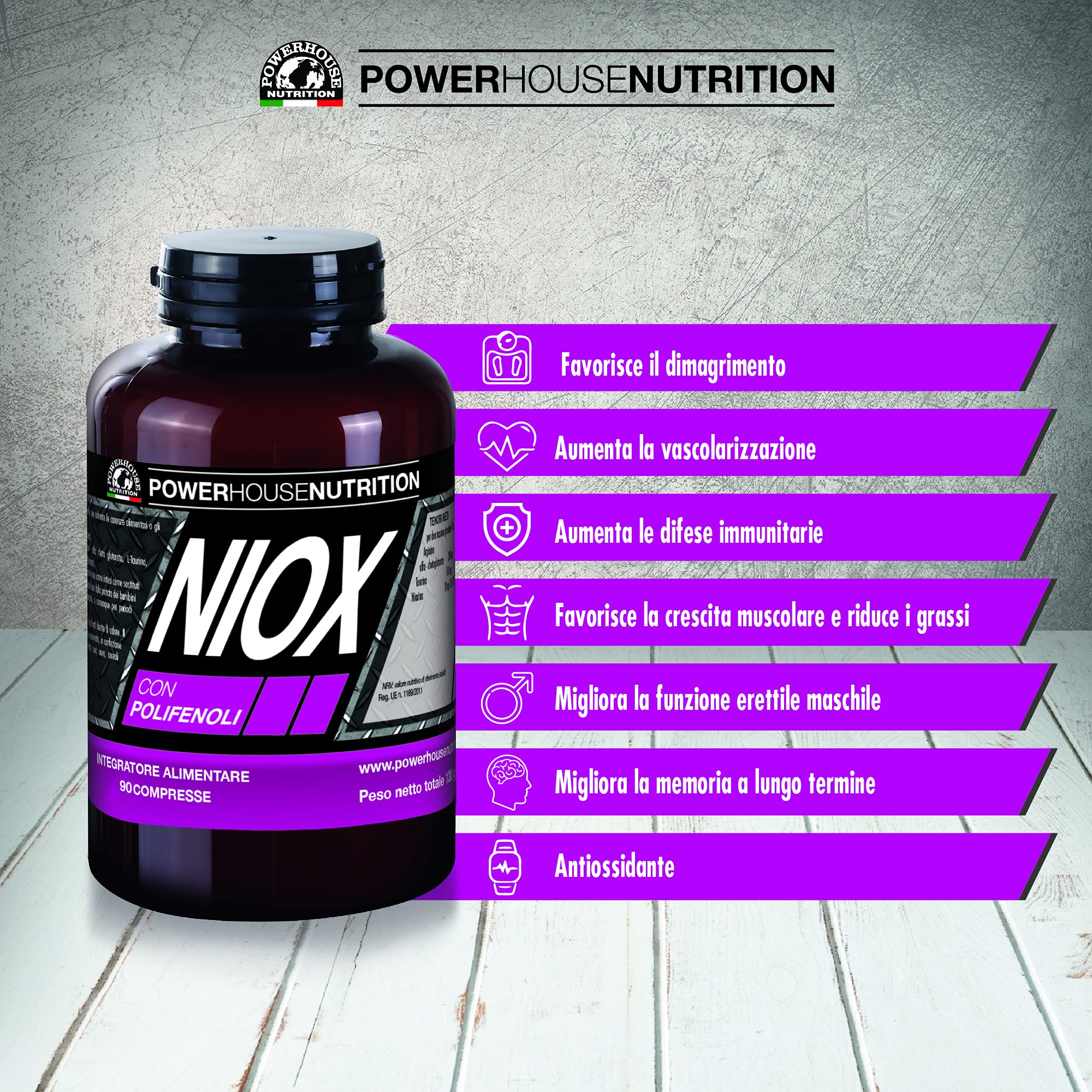 L-arginina - Ossido Nitrico, NIOX con Polifenoli Powerhouse Nutrition, Intregratore Acetil Cisteina, Tè verde e Taurina, Favorisce Vascolarizzazione, Definizone, Energia, Made in Italy, 90 Compresse